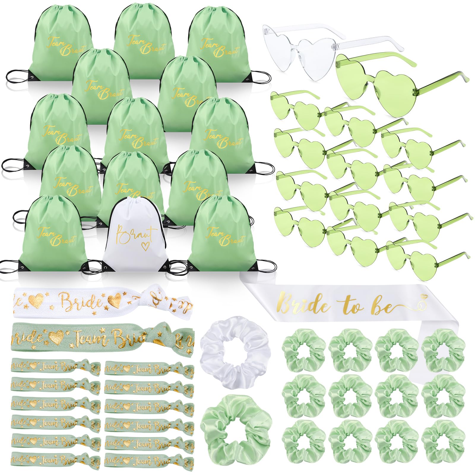 BBTO 57 Pezzi Accessori Addio al Nubilato Donna Bride To Be & Team Bride Kit con 14 Sacche Zaino, 14 Occhiali a Cuore, 14 Bracciali, 14 Scrunchie e 1 Fascia Sposa