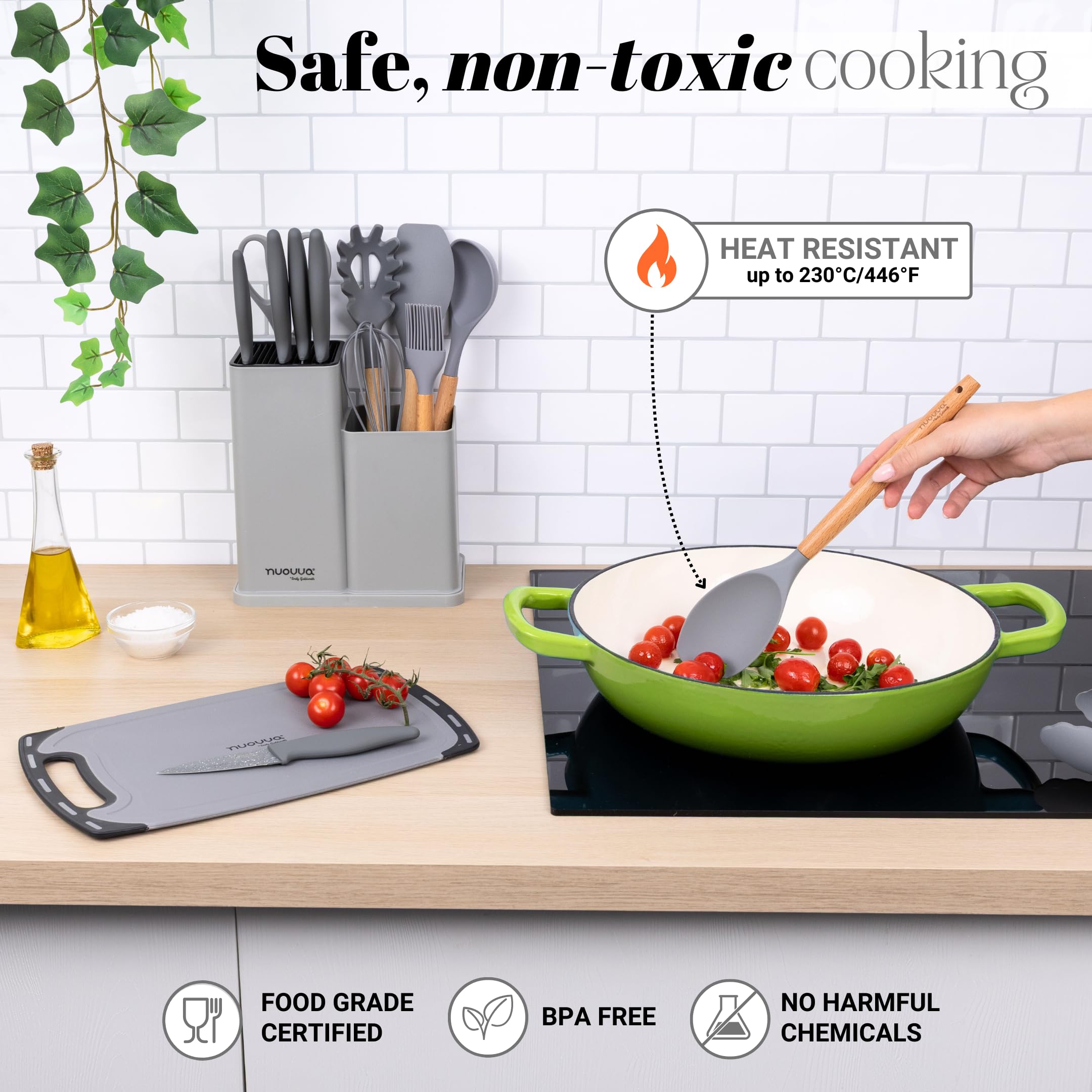 Cooking Utensils Set with Chopping Board – Knife Set with Block – Heat Resistant Silicone Utensils with Wooden Handle, Spoons, Ladles & Spatula – Kitchen Tools & Accessories – 17pcs, Grey – by Nuovva — view 3
