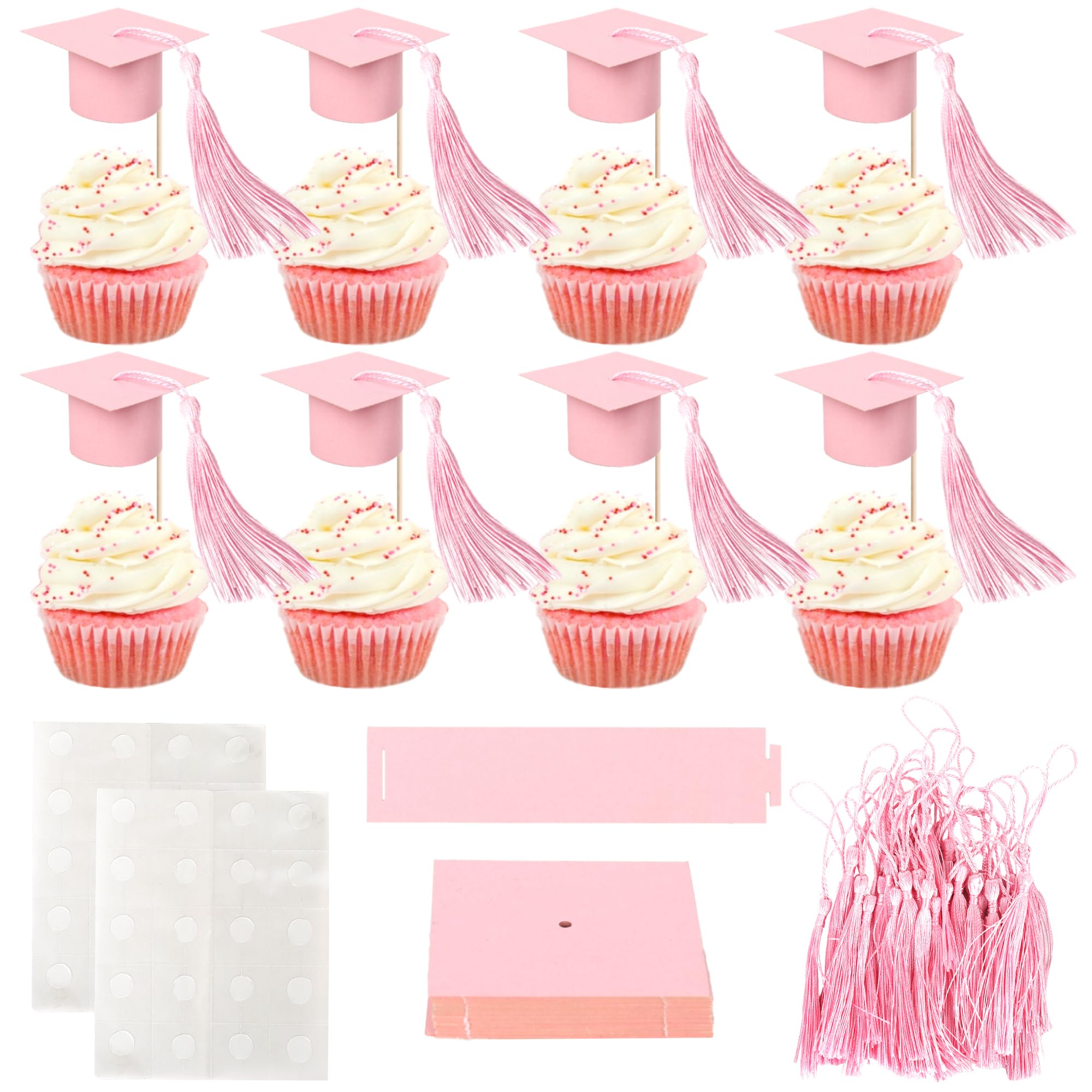 24 Pack 2026 Graduation Cap Cupcake Toppers with Tassel Congrats Grad Cap Class of 2026 Cupcake Picks Mini Graduation Caps Decorations for 2026 School Graduate Party Cake Decorations Pink