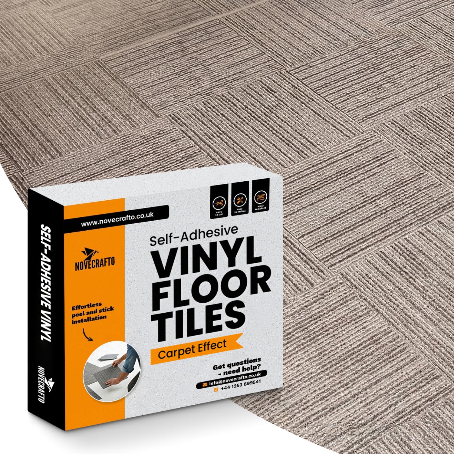 NOVECRAFTO Vinyl Floor Tiles Self-Adhesive – 60 Pack, 30 x 30cm (5.57m² Coverage) Carpet Effect Peel & Stick Floor Tiles – Easy to Clean Durable Vinyl Flooring for Kitchen, Living Room & Office(Beige) — image 1