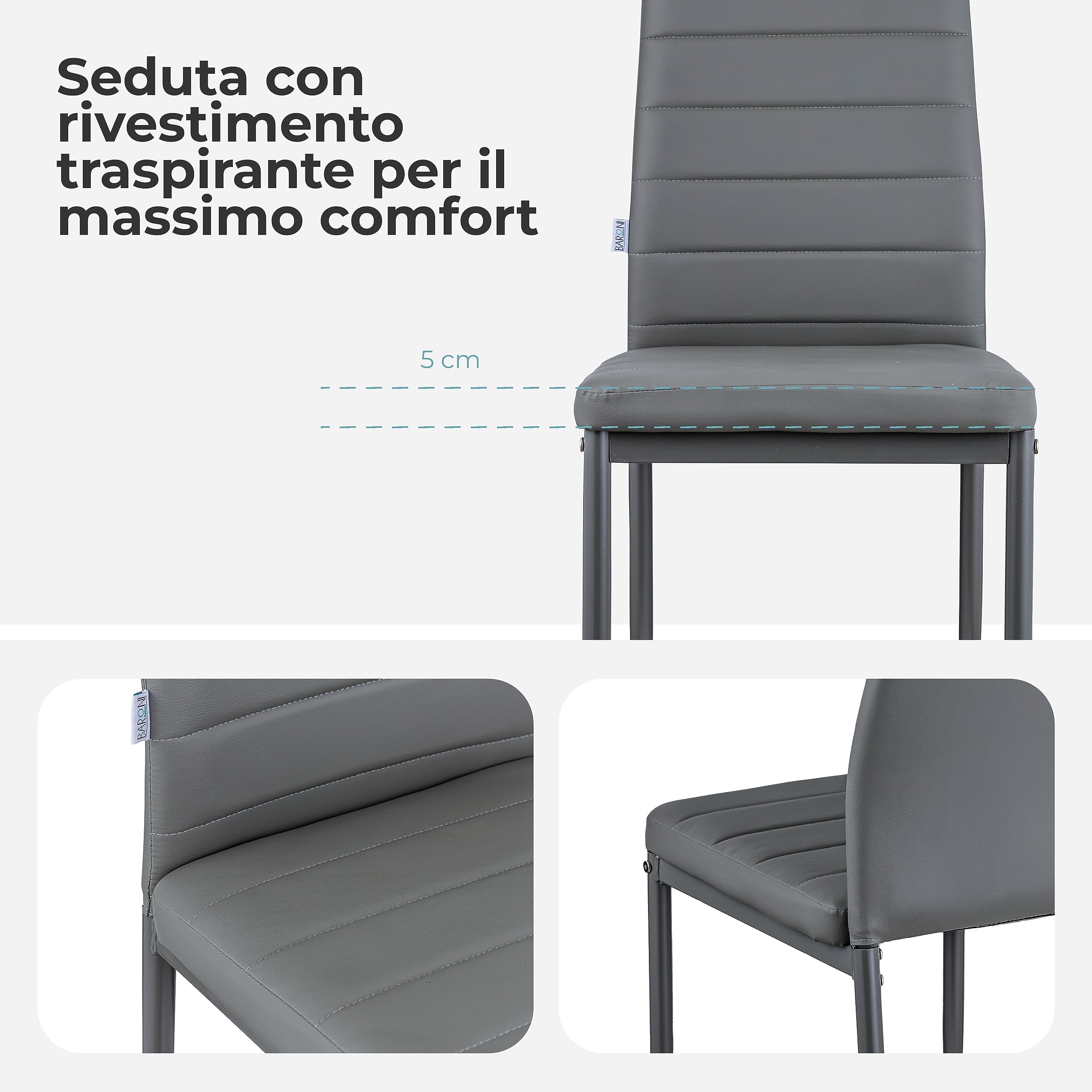Baroni Home Set di 4 Sedie da Pranzo con Schienale Alto e Seduta Ergonomica con Cuciture Decorative, Sedie Eleganti Imbottite in Ecopelle con Struttura in Acciaio, 40X48X96 cm, Grigio