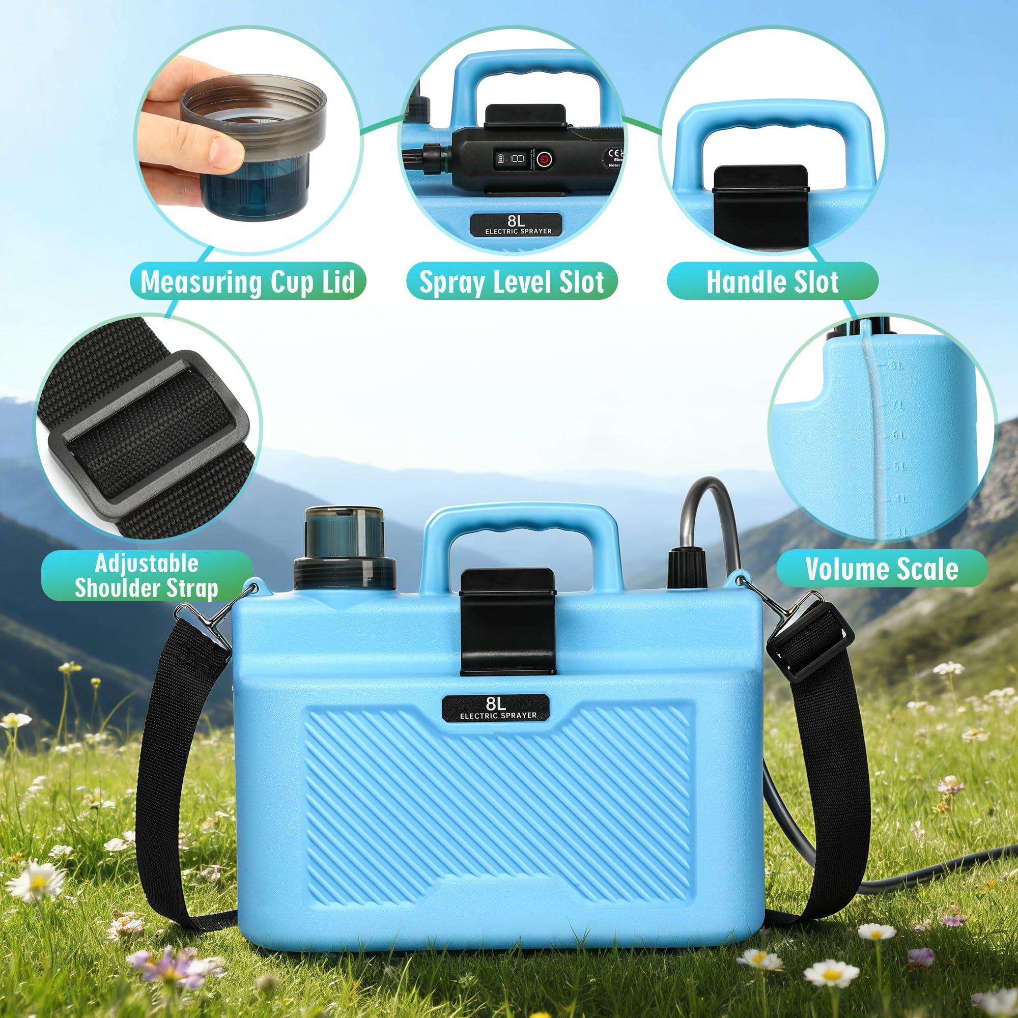 Pompa Irroratrice a Batteria 8L, 5V/2400mAh Pompa a Spalla a Batteria, Spruzzino Nebulizzatore Piante con 3 Livelli di Pressione Dell'acqua Regolabili & 4 Ugelli per Irrigazione e Diserbo