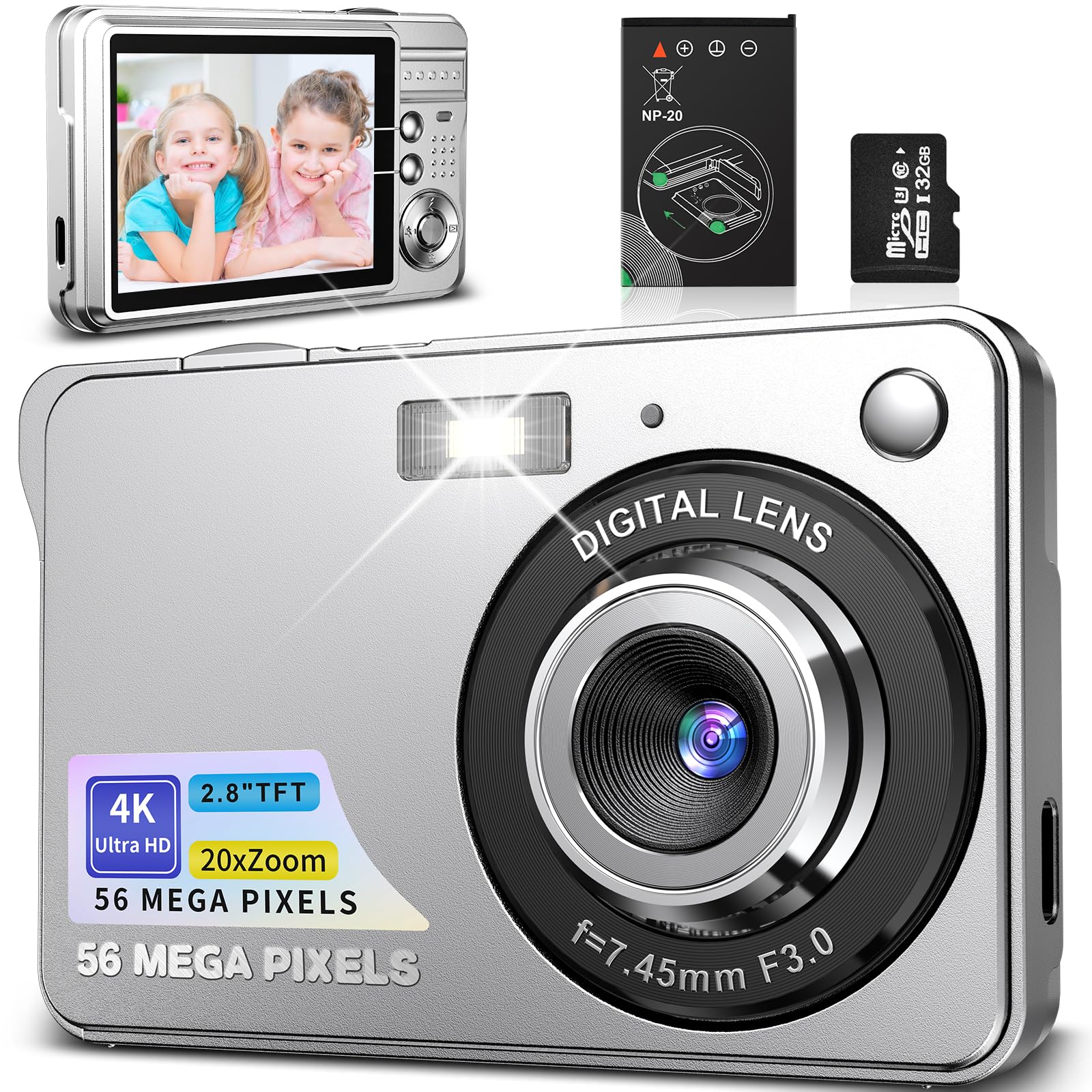 Fotocamera Digitale 56MP 4K Con Zoom 20X E Scheda 32GB – Compatta, Ricaricabile Per Bambini E Principianti