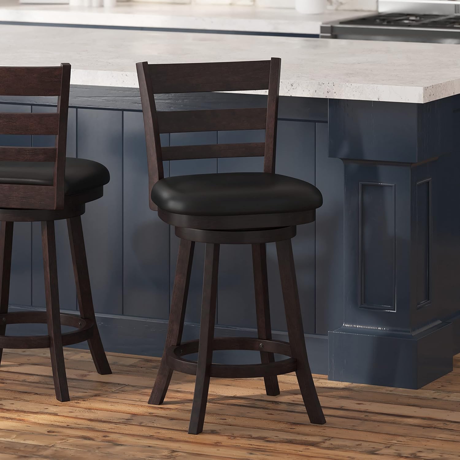 Taylor & Logan Zayne Classic Ladderback Wooden Swivel Counter Stool with Faux Leather Seat, Espresso/Black