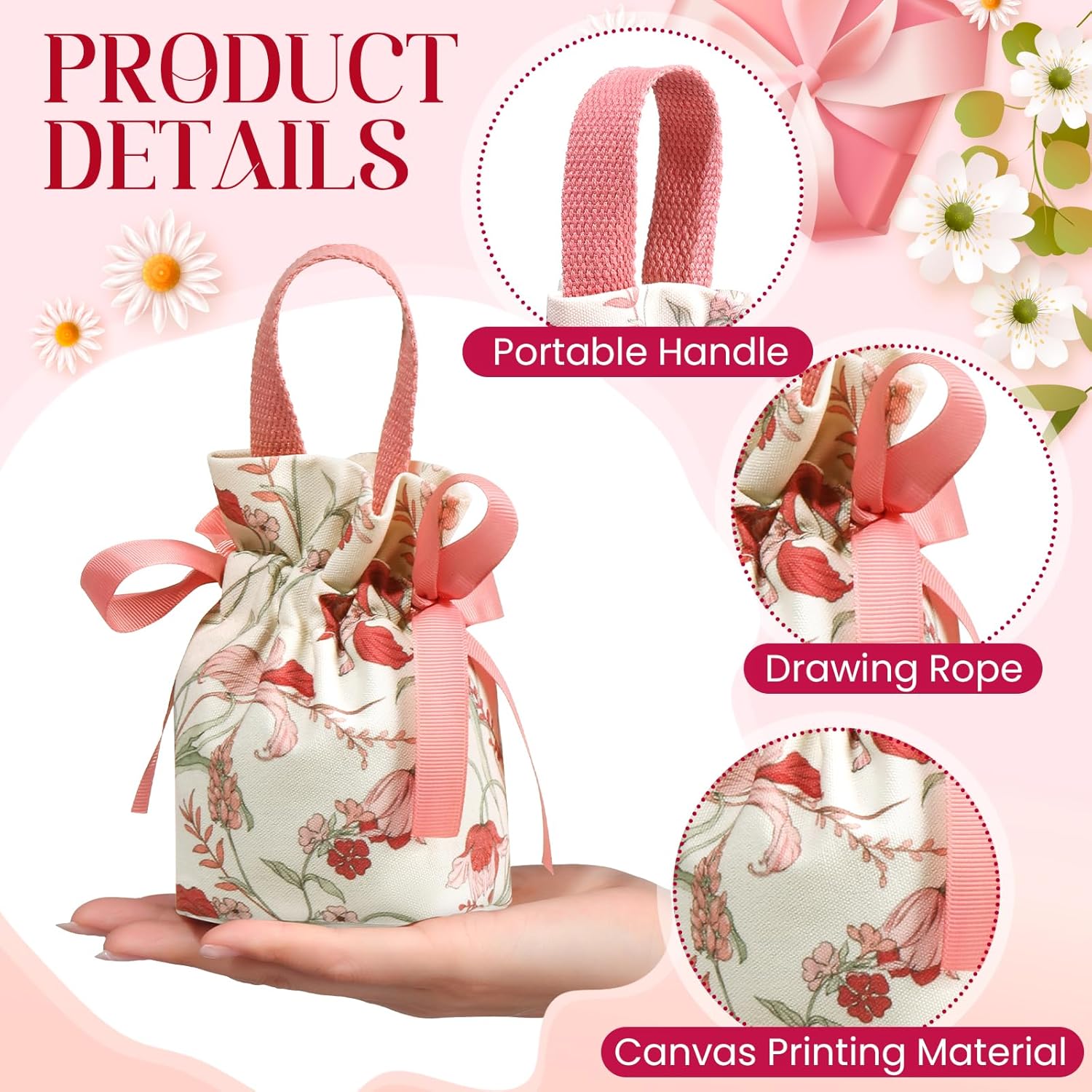 Liobelon 8 Pieces Floral Mini Gift Bags with Handles 14x9.5x6cm/5.5x3.7x2.3inch Canvas Small Candy Bag Tea Party Favor Bags for Party, Wedding, Bridal Shower, Valentine's Day, Mother's Day - Image 4