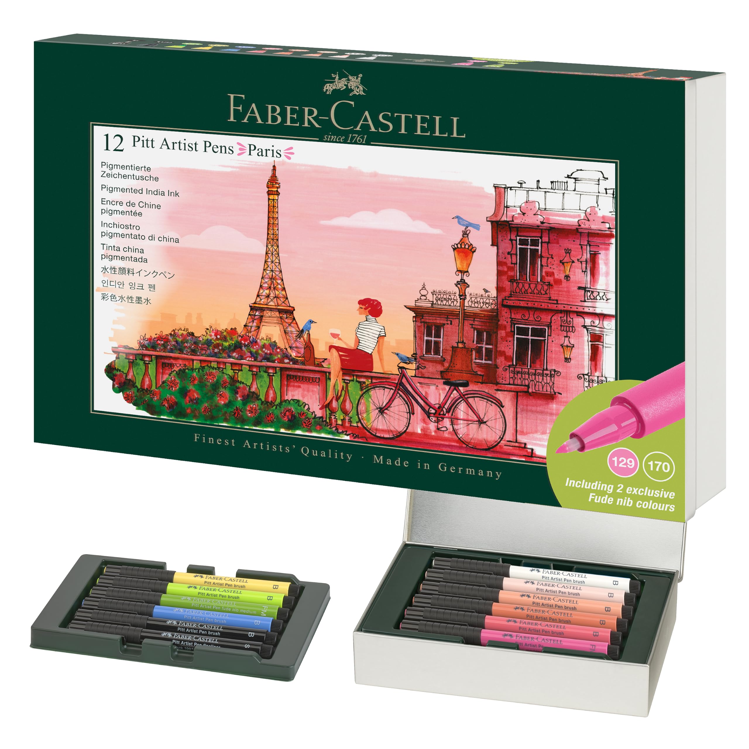 Faber-Castell - Set regalo con penne a inchiostro Pitt Artist Pen, Parigi | 12 pennarelli a pennello in confezione metallica, City Collection