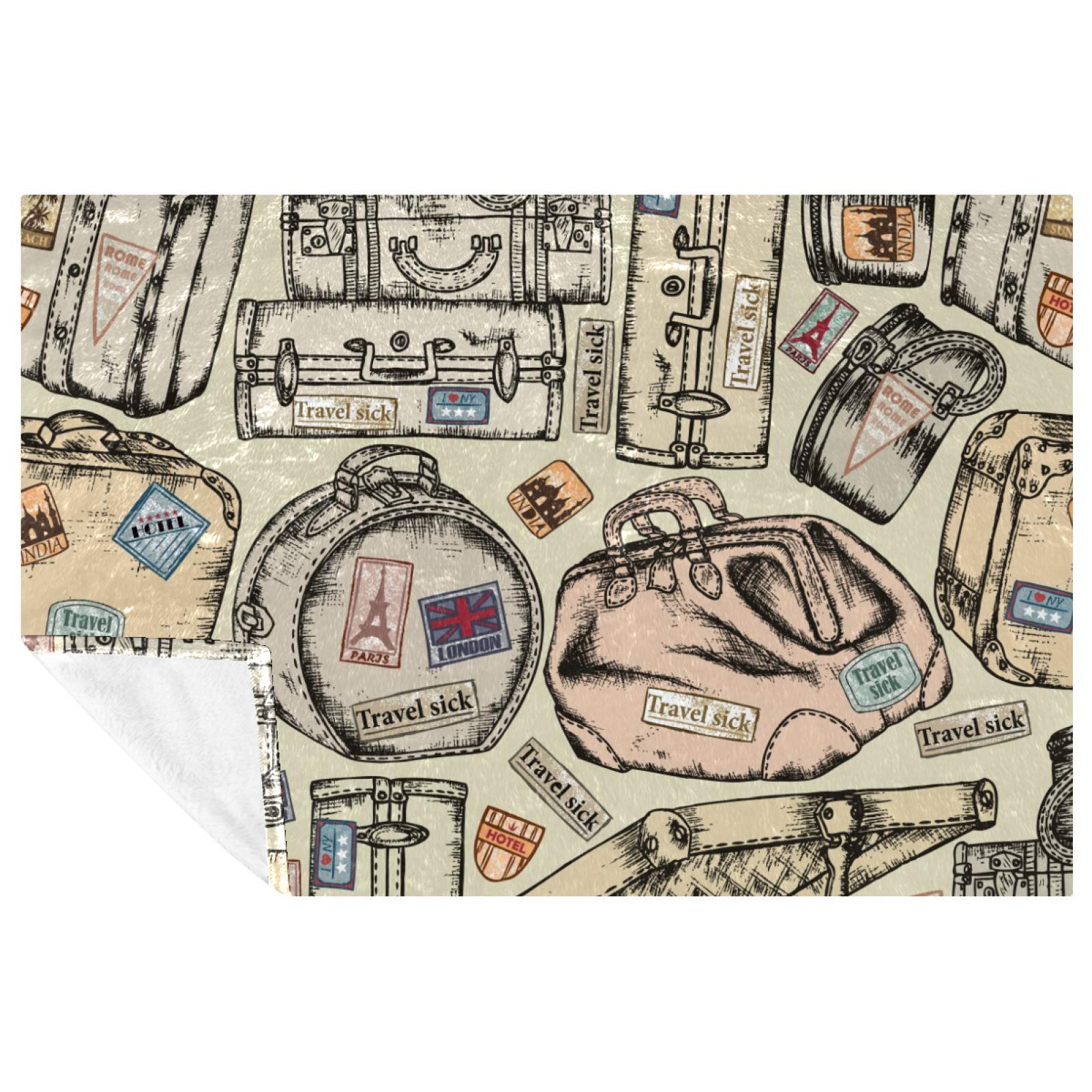 Couverture vintage imprimée valises anciennes, plaid chaud pour lit canapé camping 150x100