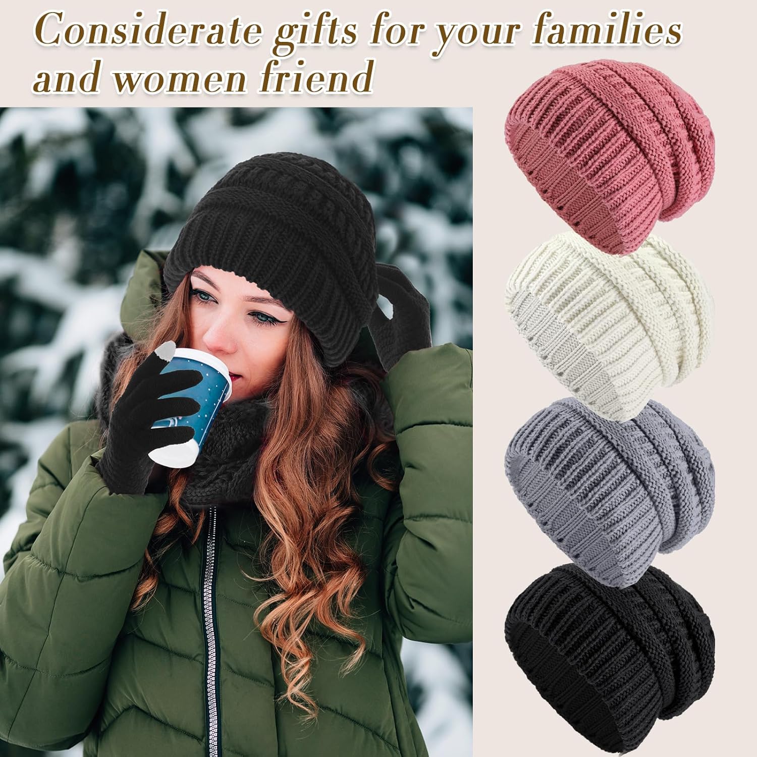 Suhine 16 Pcs Winter Beanie Hat Scarf Gloves Set Women Winter Knitted Hat Circle Scarves Touchscreen Gloves Earmuffs - Image 4