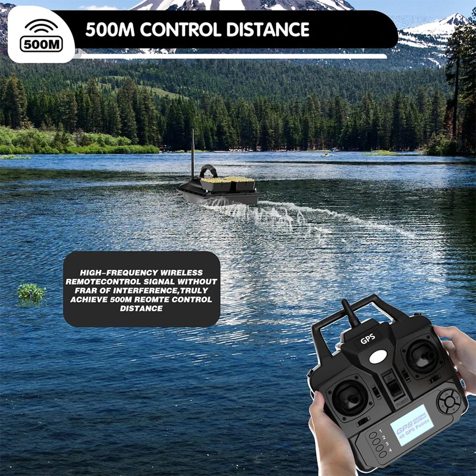 Barco de Cebo RC de 500 m con Control Remoto, GPS, posicionamiento de 40 Puntos, 2 tolvas, Carga de 1,5 kg, Retorno automático, para Pesca de Surf.