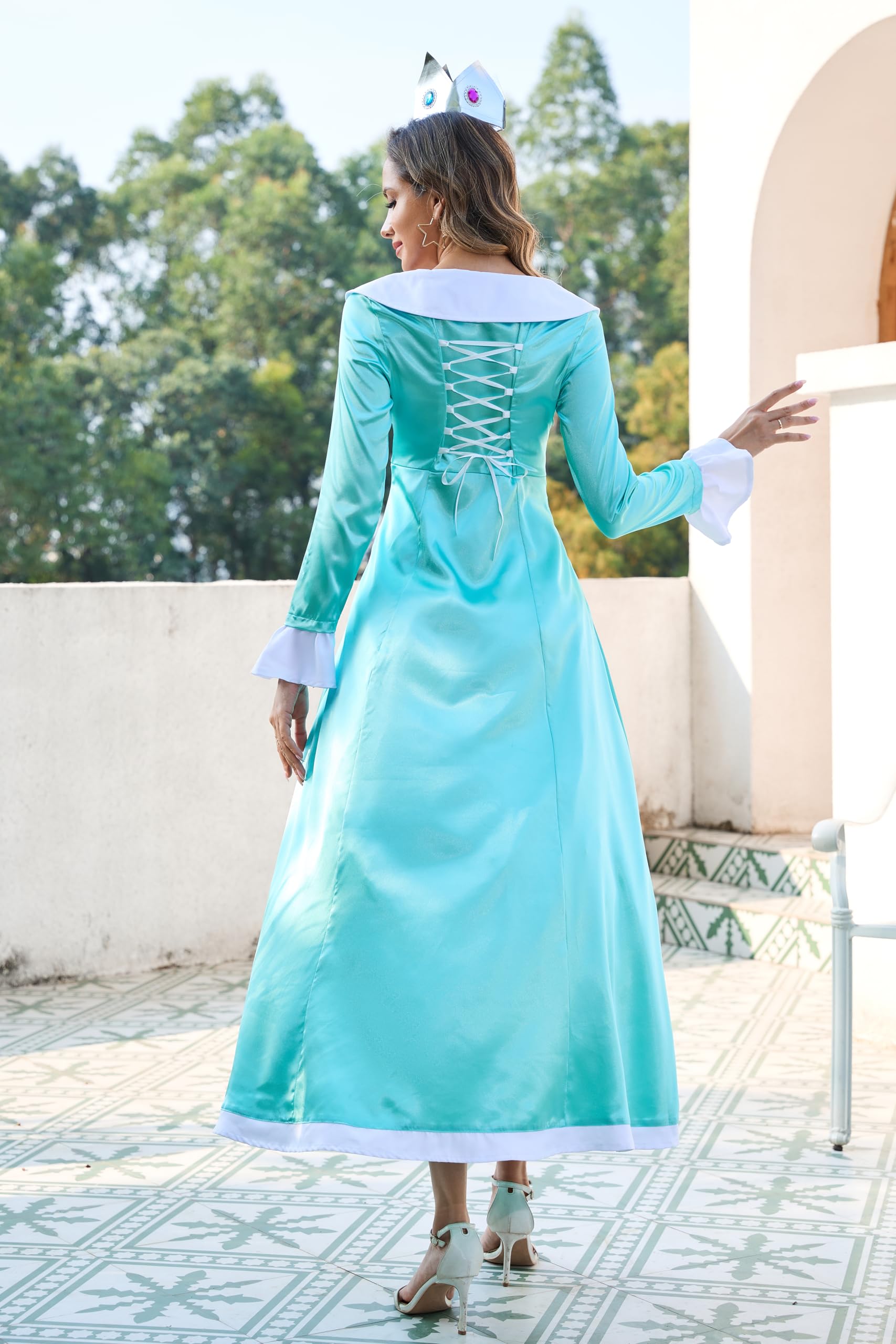PAINEOMN Princess Dress for Women Halloween Princess Cosplay Costume Crown Earrings Gloves Set Adult Fancy Dress Suit: Princess Daisy Medium