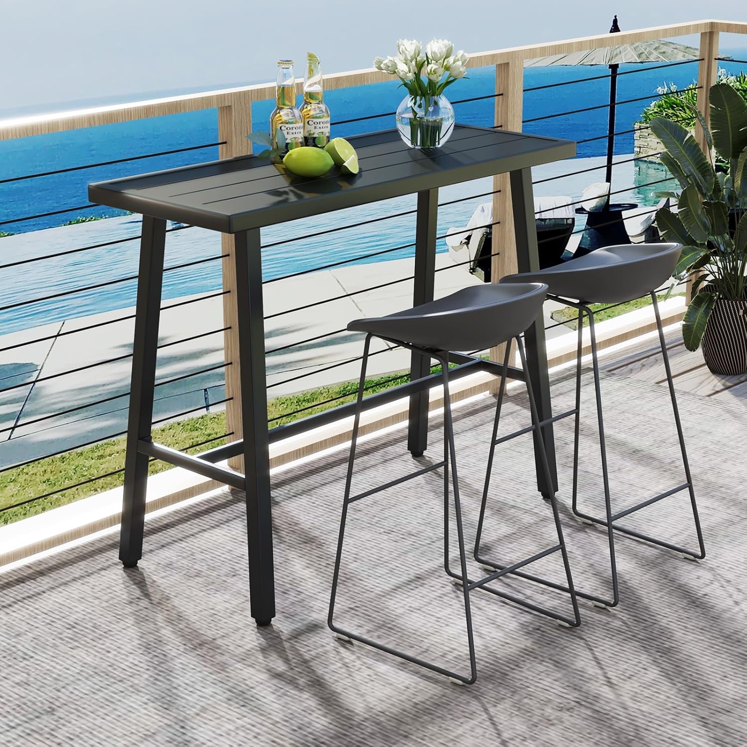 COSTWAY 36" Outdoor Bar Table, Rectangular High Pub Table with Adjustable Foot Pads, Patio Counter Height Dining Table for Balcony, Backyard, Indoor, Black