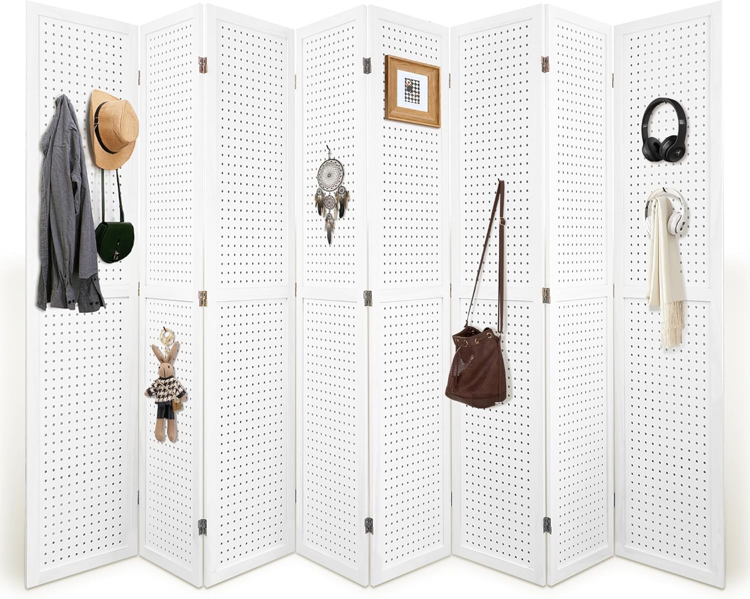 Room Divider, 5.6FT Folding Room Divider Panel, 8 Panel Pegboard Display Wood Partition Wall Divider for Room Separation& Craft Shows, White Pegboard-white 8 Panel