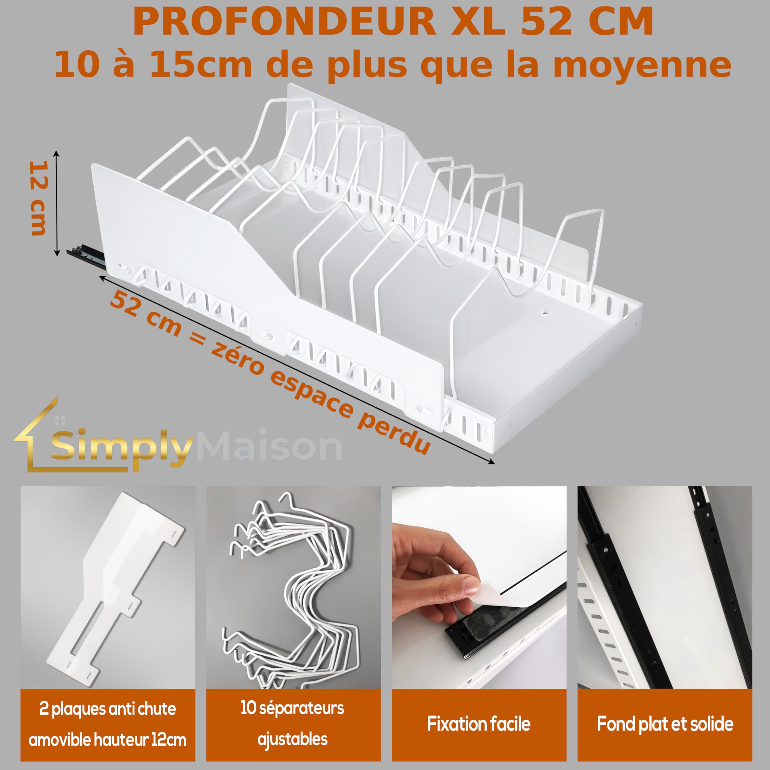 LOT DE 2 Tiroirs coulissants cuisine adhesif - Profondeur XL 52cm - Spécial caisson 60cm -100% Gain de place - Antichute - Range couvercle poele - Sans perçage