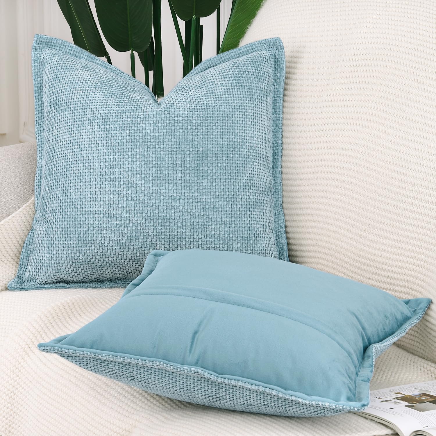 Madizz Set of 2 Chenille Velvet Cushion Covers with Flange Soft Boho Textured Throw Pillow Covers Broadside Pillowcases Modern Farmhouse Home Decor for Sofa Bedroom Light Blue 16x16 inch - Image 2