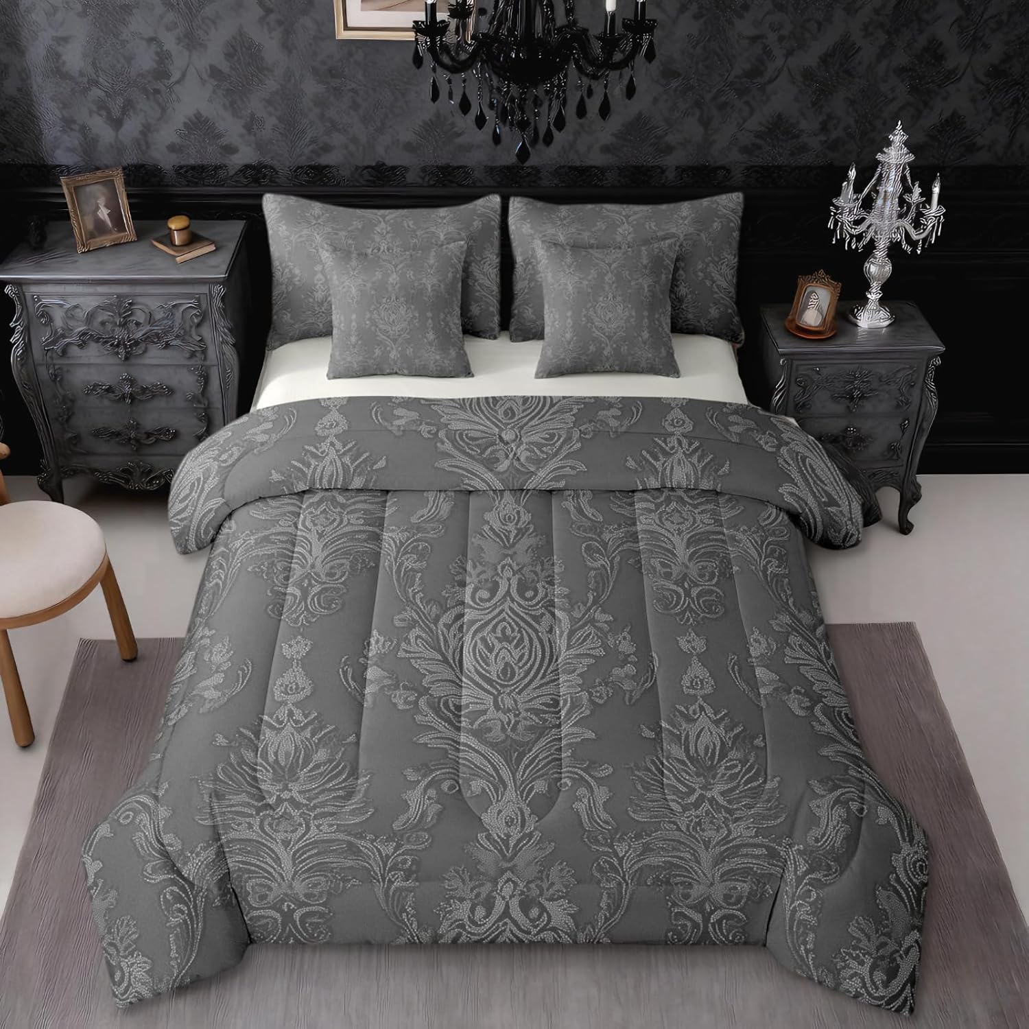 Erosebridal Adults Black Damask 7 Piece Bedding Set Queen Exotic Antique Victorian Comforter Set Bohemian Baroque Gothic Comforter Bedroom Decor Vintage Floral Bed in A Bag with Flat and Fitted Sheet