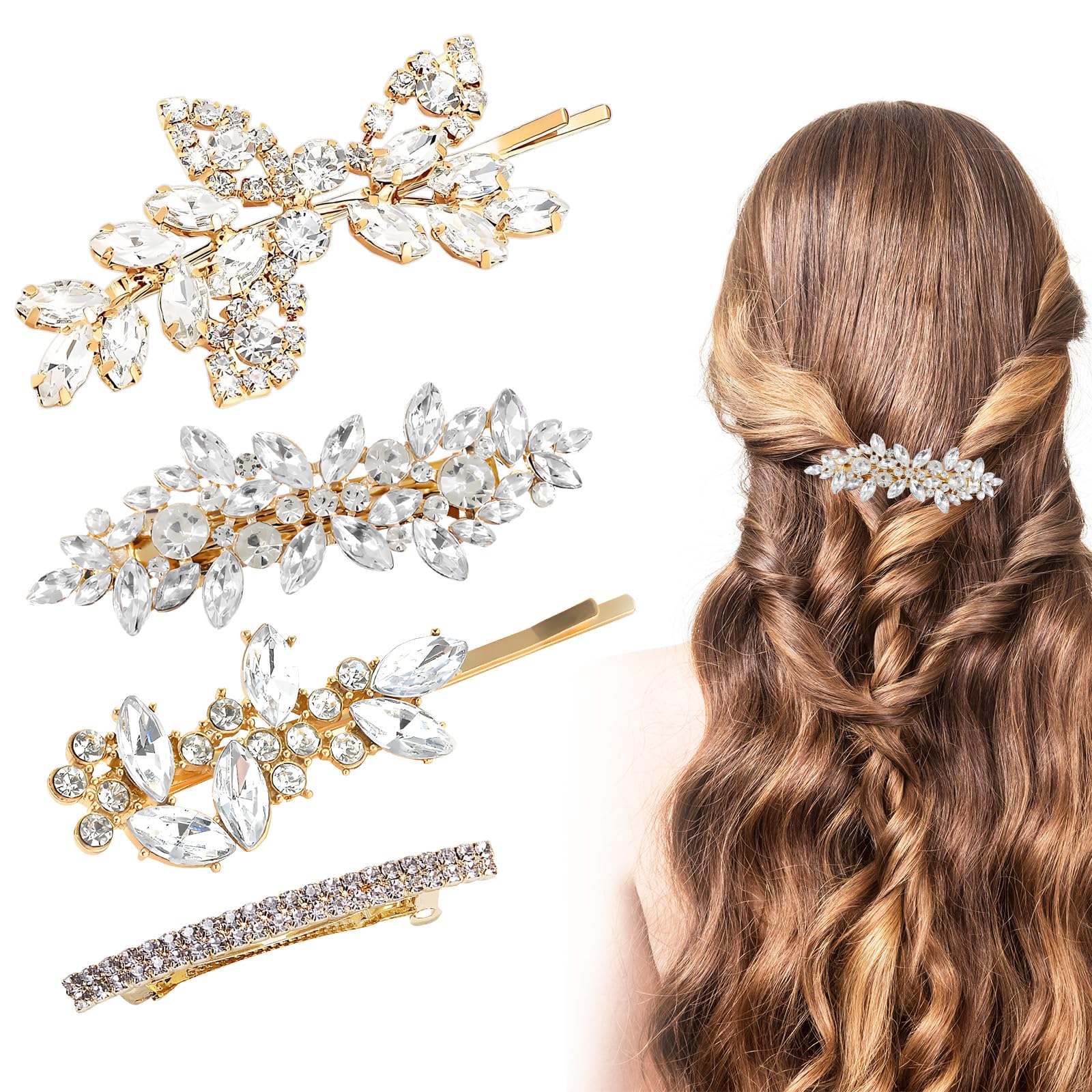 Fermaglio Capelli Donna Elegante, Fermaglio Capelli Sposa Strass, Forcine per Capelli Eleganti Argento, Fermagli Capelli da Sposa Cristalli, Forcine Capelli Sposa Fiori e Foglie Comunione Accessori