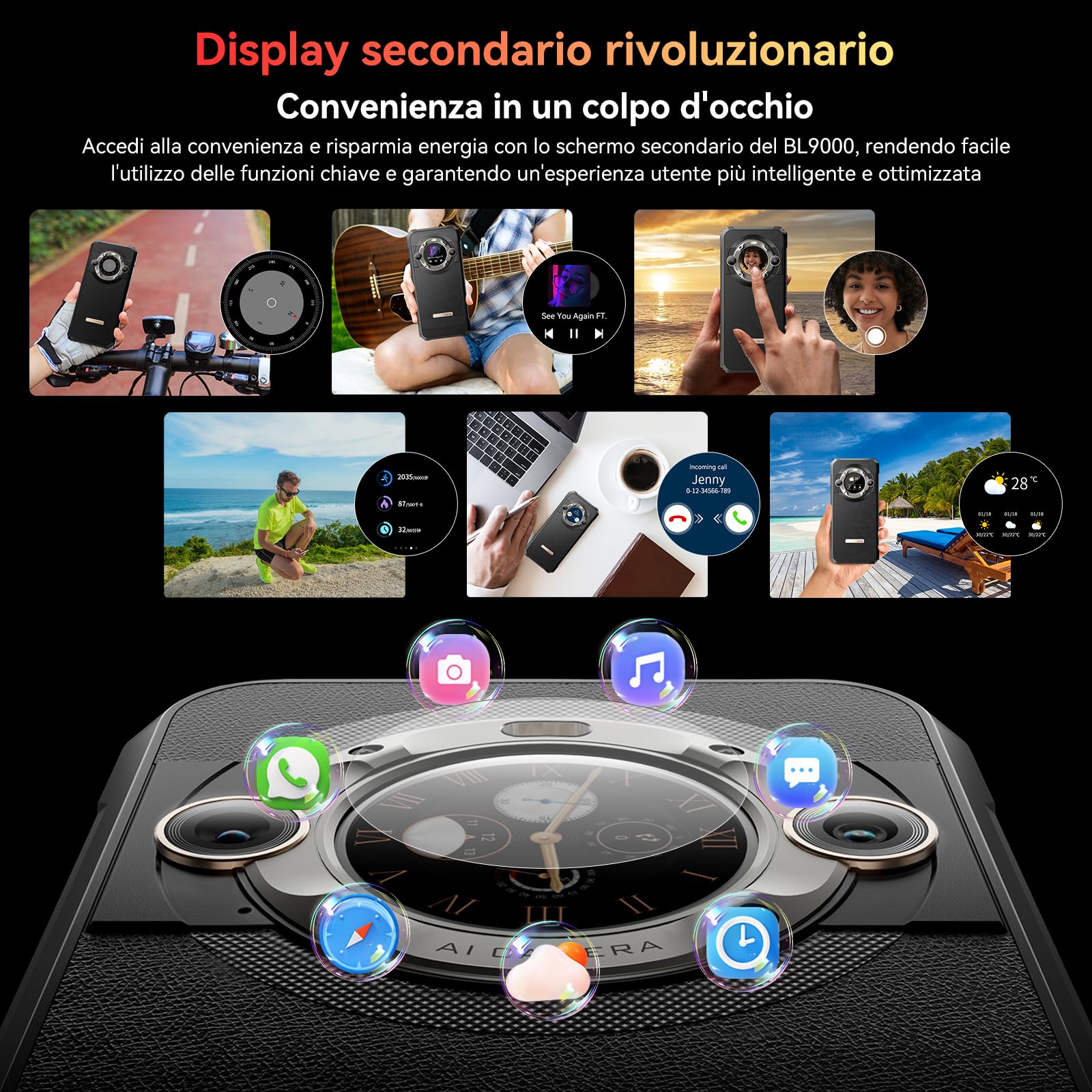 Rugged Smartphone 5G, Blackview BL9000 con Secondario Schermo, 512GB ROM+24GB RAM, Dimensity 8020, 6.78'' FHD+/120Hz, 8800mAh/120W, 50MP+50MP, NFC/Fingerprint/WiFi6/Android 13 Telefono Indistruttibile