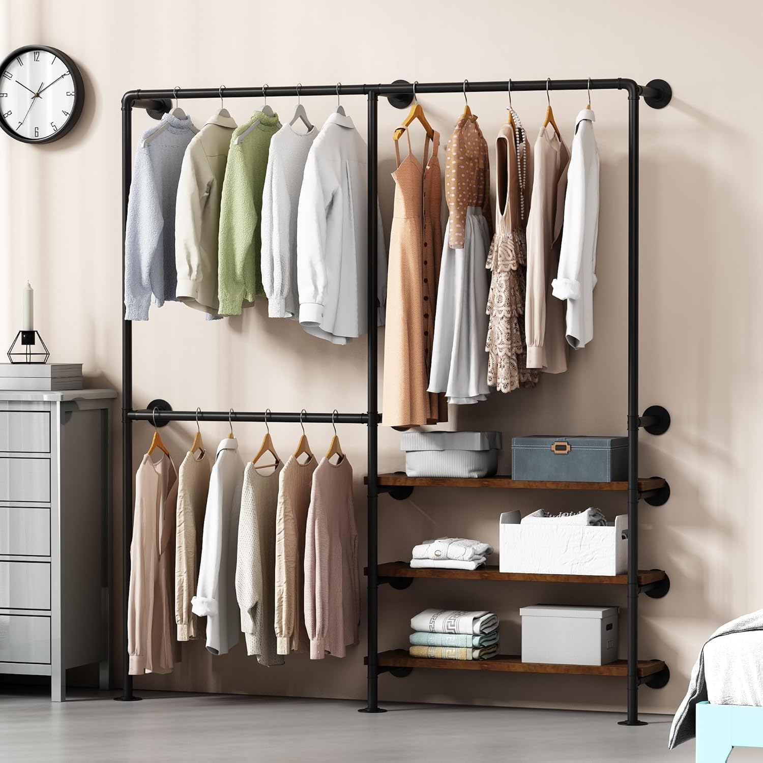 Industrial Pipe Clothes Rack, Wall Mounted Clothing Rack with Shelves, Heavy Duty Closet Organizers Wardrobe Multi-Purpose Storage Clothes Hanging Shelf-70.8''L Black black 70.8''L