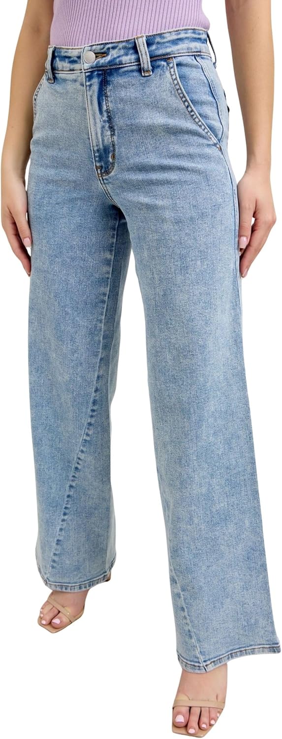 Judy Blue Women's High Rise Stone Wash Retro Wide Leg Fit Jeans with Skewed Inseam - Image 5