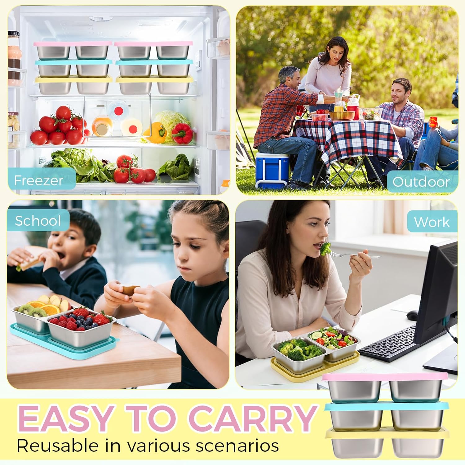Potchen 6 Sets Stainless Steel Snack Containers with Lids Silicone, 2 Compartment Storage Containers, 15oz Reusable Divided Food Lunch Box Meal Prep Food Storage for Company Travel Outdoor Camping