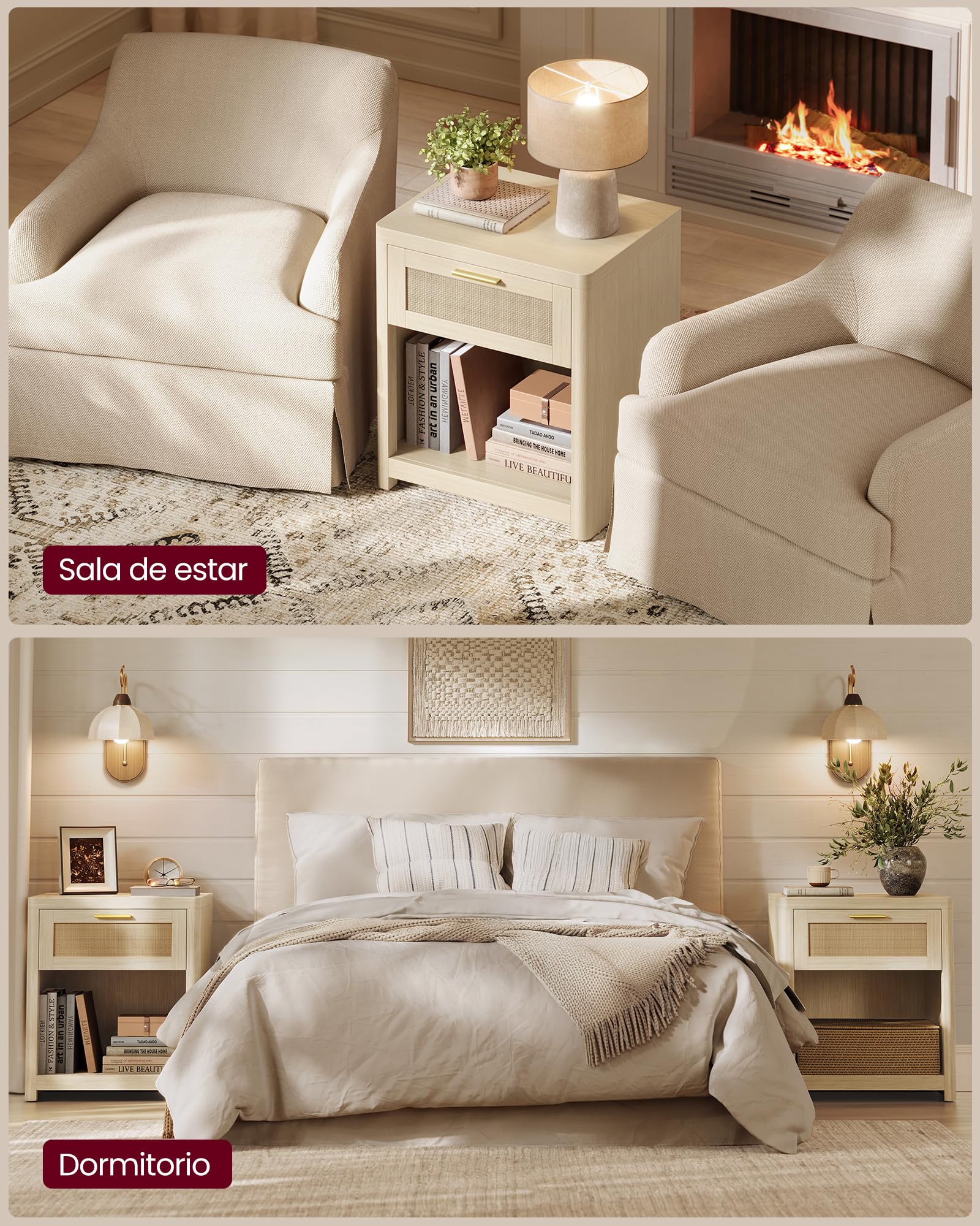VASAGLE ELLAN Colección - Mesitas Boho con Cajón Efecto Ratán, Juego de 2, Mesas Auxiliares con Compartimento Abierto, Esquinas Redondeadas, Dormitorio, Beige Natural LET818LC01