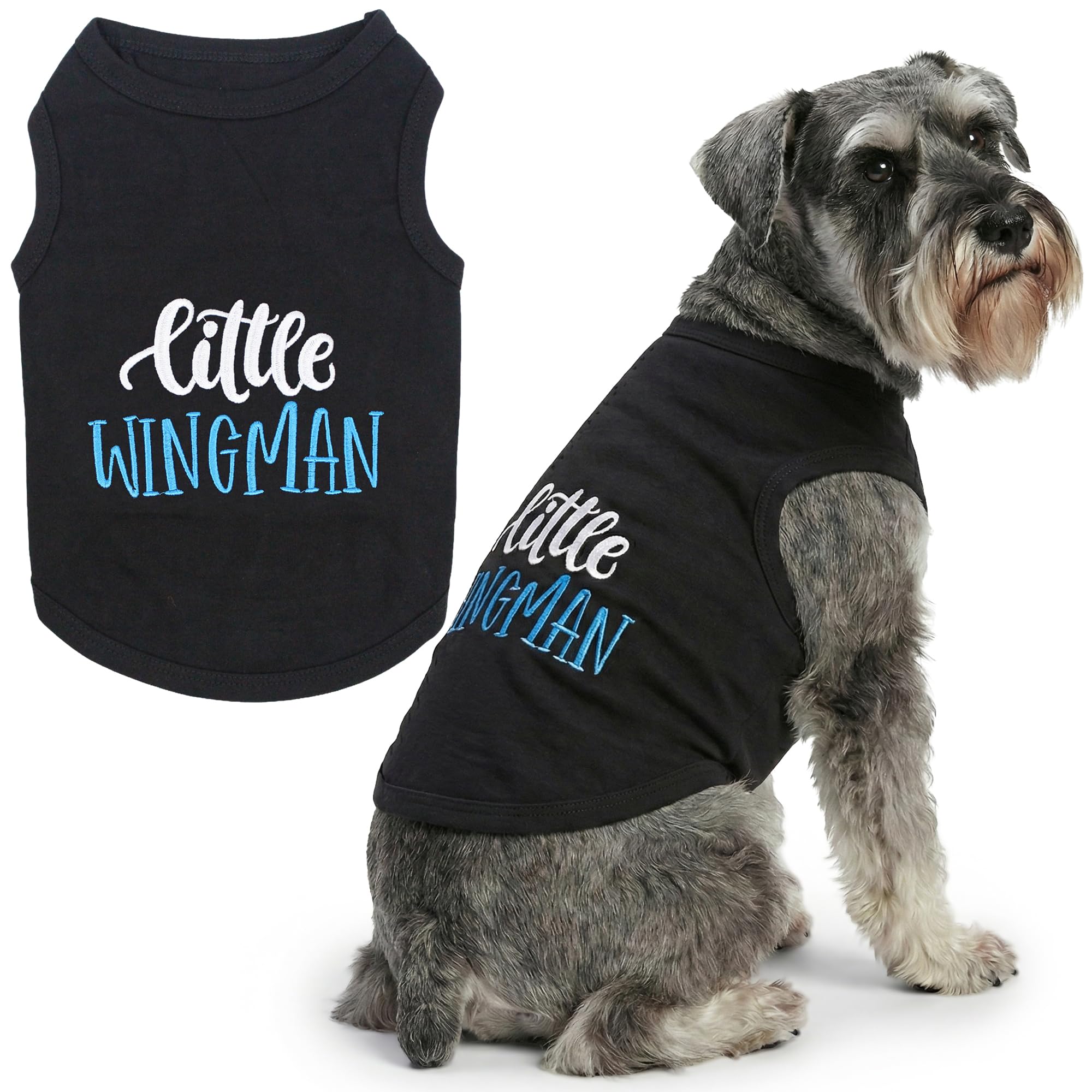 Parisian Pet Dog T-Shirt - Embroidered 'Little Wingman' - Black Cotton XXL Dog Shirt