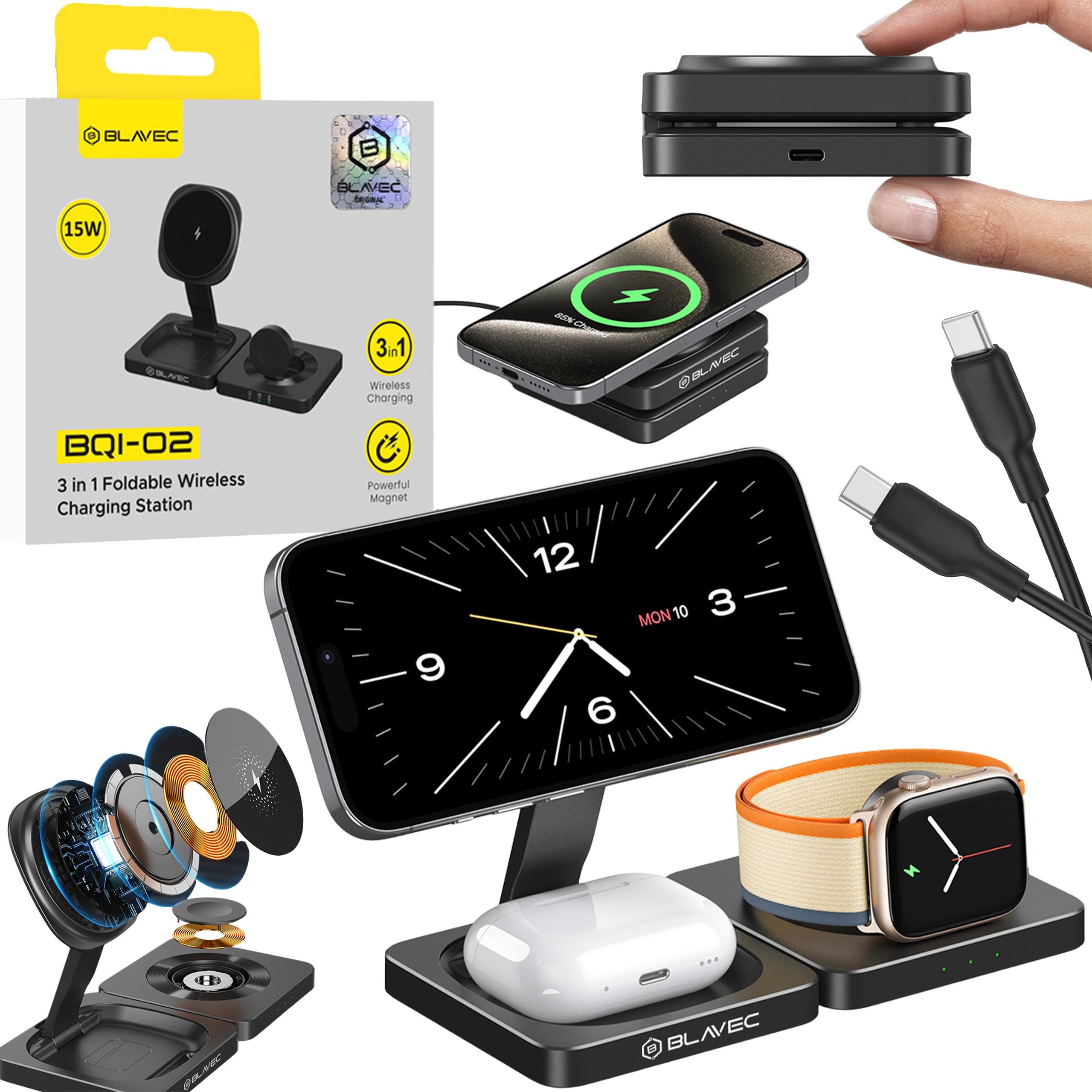 Ładowarka Indukcyjna 3w1 Składana 15W – Do Apple iPhone 12/13/14/15/16 Pro Max, kompatybilna z MagSafe, Apple Watch Series 7/8/9/Ultra/Ultra 2, AirPods i Urządzeń Qi – Szybkie Ładowanie, Regulowana