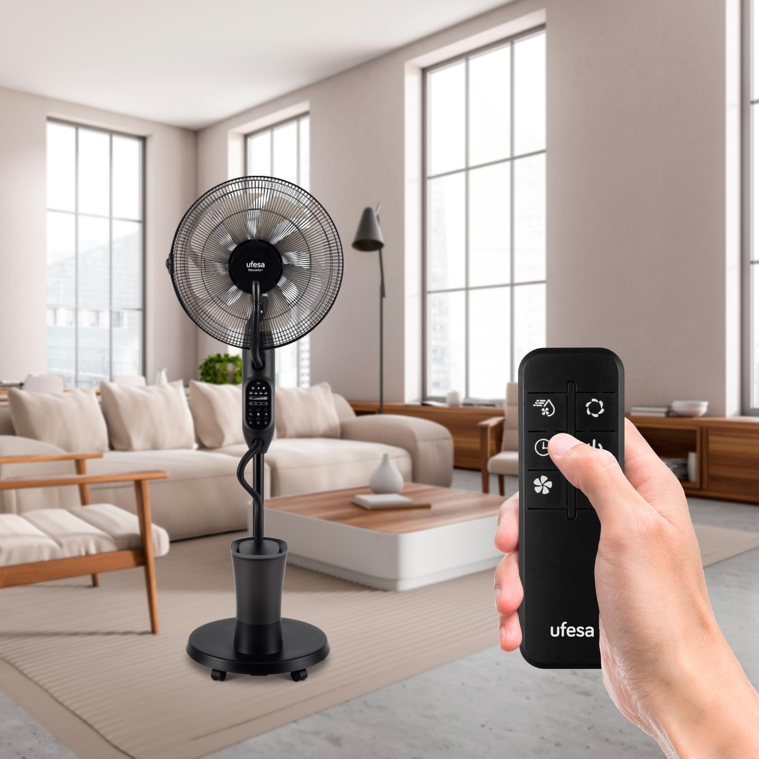 UFESA Mist Fan VNDC Ventilateur Brumisateur, Ultra Silencieux, Télécommande, 3 Modes, Minuterie, 9 Vitesses, 40cm de Diamètre, 8 Pales, 60W, Noir
