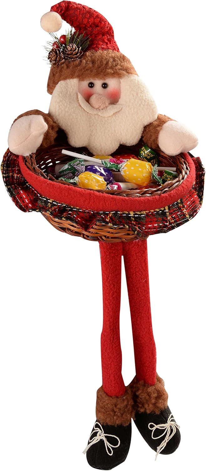 45 Cm Father Santa Claus Nuts Treats Sweets Christmas Wicker Basket Table Decoration in Red and Green Tartan