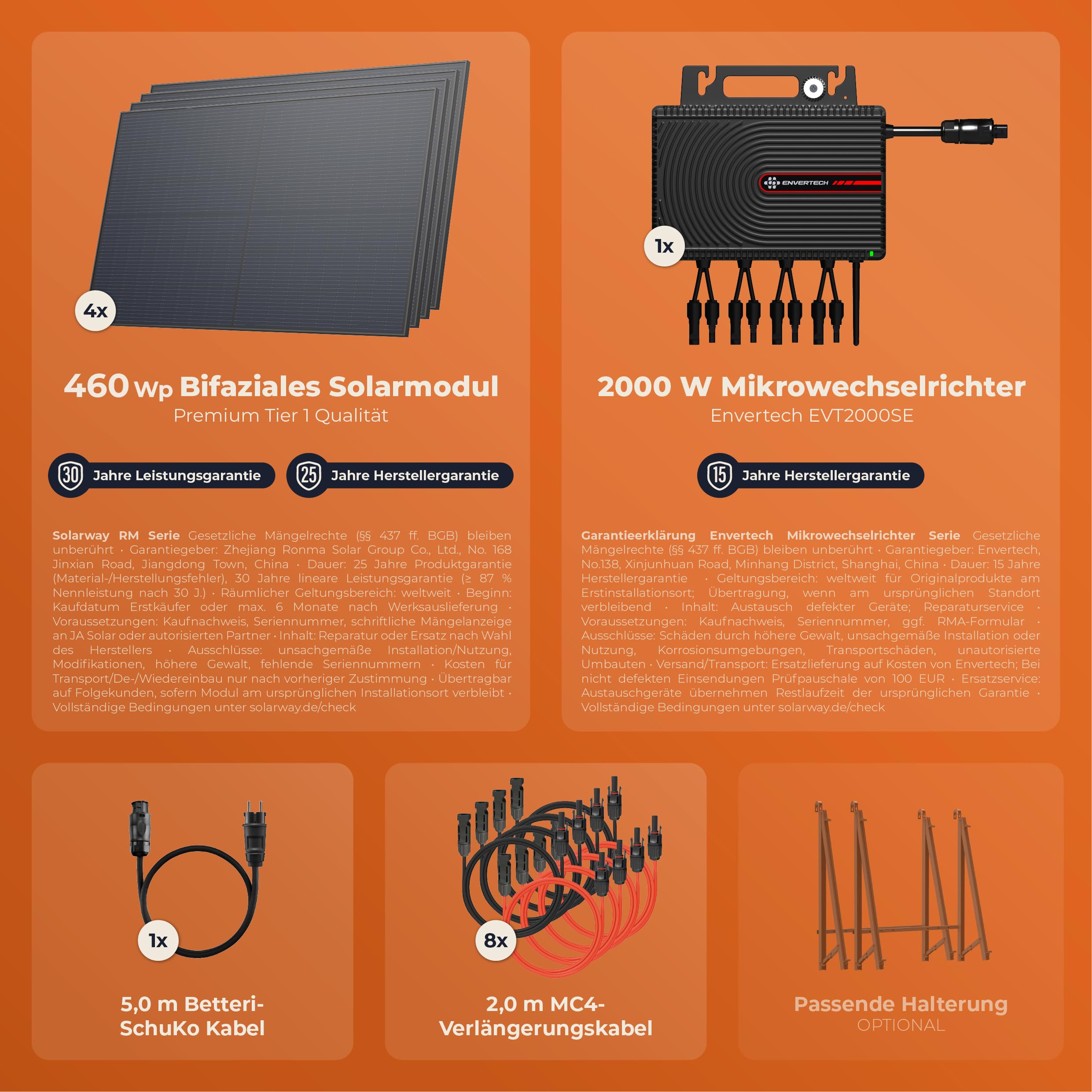 Solarway® 1840Wp / 2000-800W Balkonkraftwerk komplett Steckdose - neuester 2000 Watt Wechselrichter - Solaranlage Komplettset - 460W bifaziale Solarmodule & Envertech & Zubehör