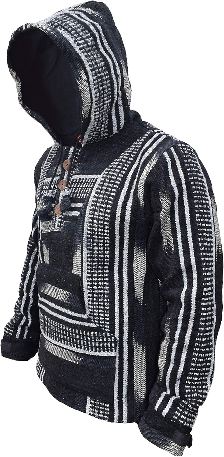 Gheri Men's Black Fleece Lined Baja Hoodie Hippie Jumper
