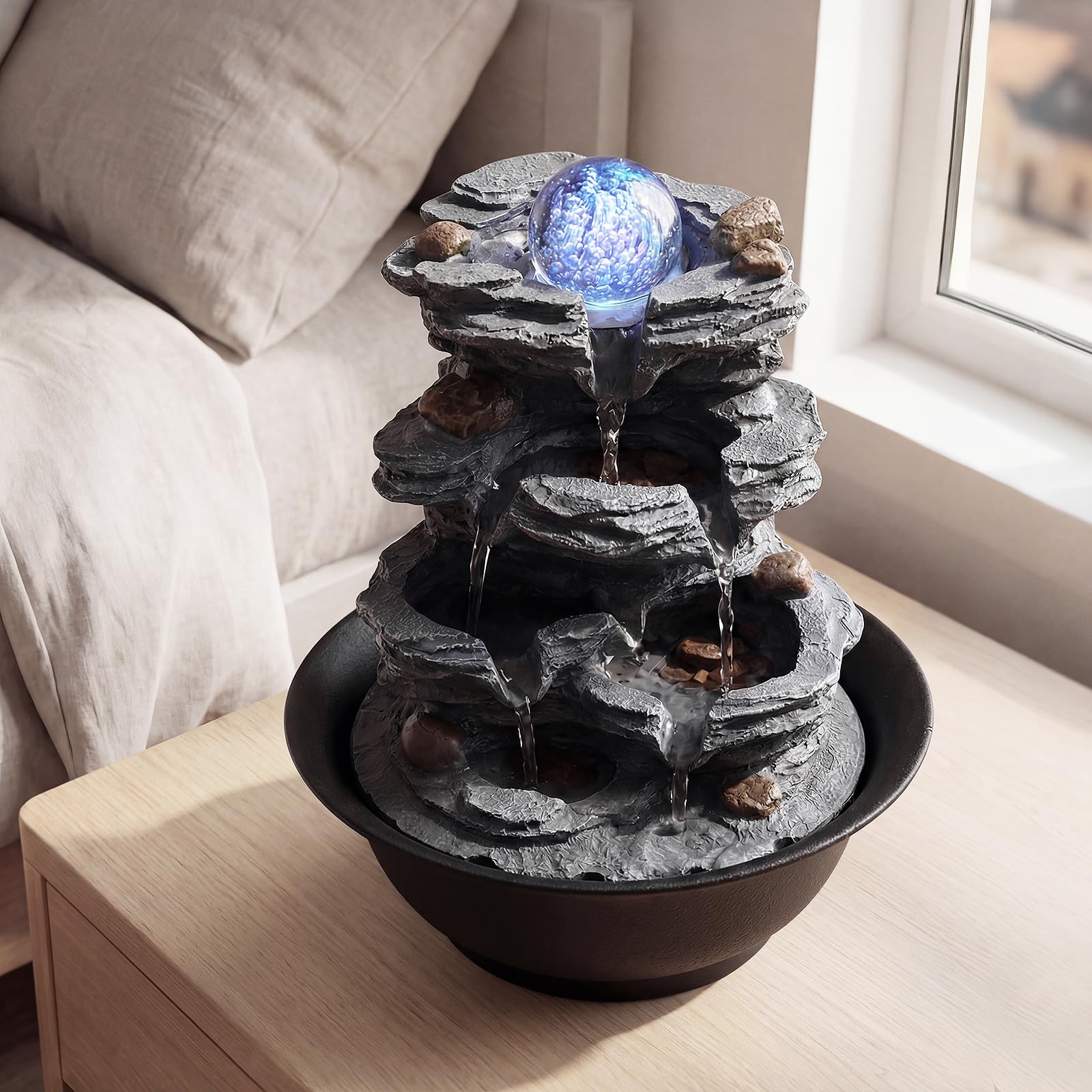 COSTWAY Fontana Zen da Interno, Fontana da Tavolo a Cascata con Luce LED, Pompa Silenziosa e Velocità dell'Acqua Regolabile, Fontanella Decorativa per Soggiorno, Ufficio e Camera da Letto (Modello 2)