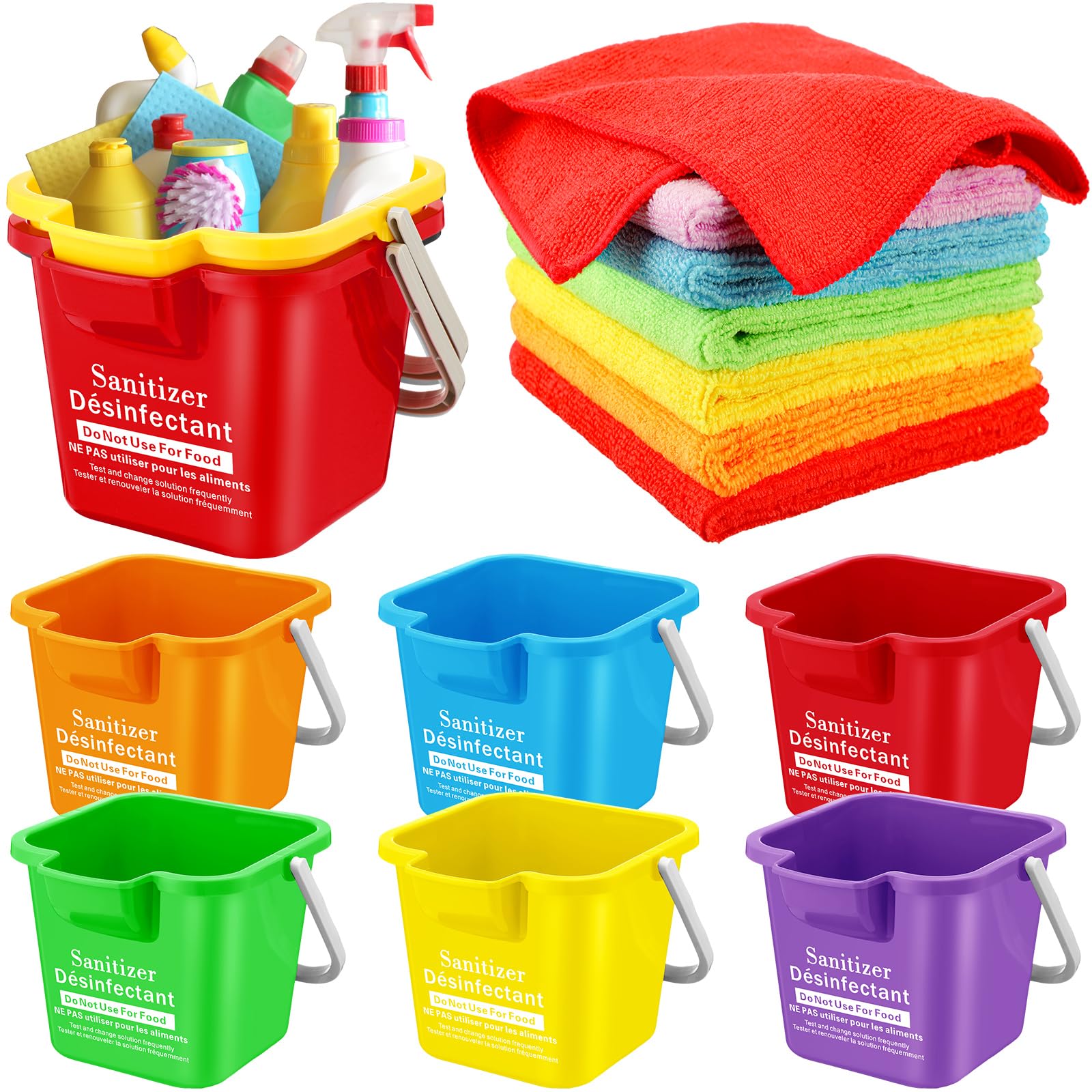 Vesici Reinigungseimer mit Mikrofaser-Reinigungstüchern, klein, quadratisch, Kunststoff, mit Griff, für Haushalt, Restaurant, Büro, Schule, bunt, 6 Sets