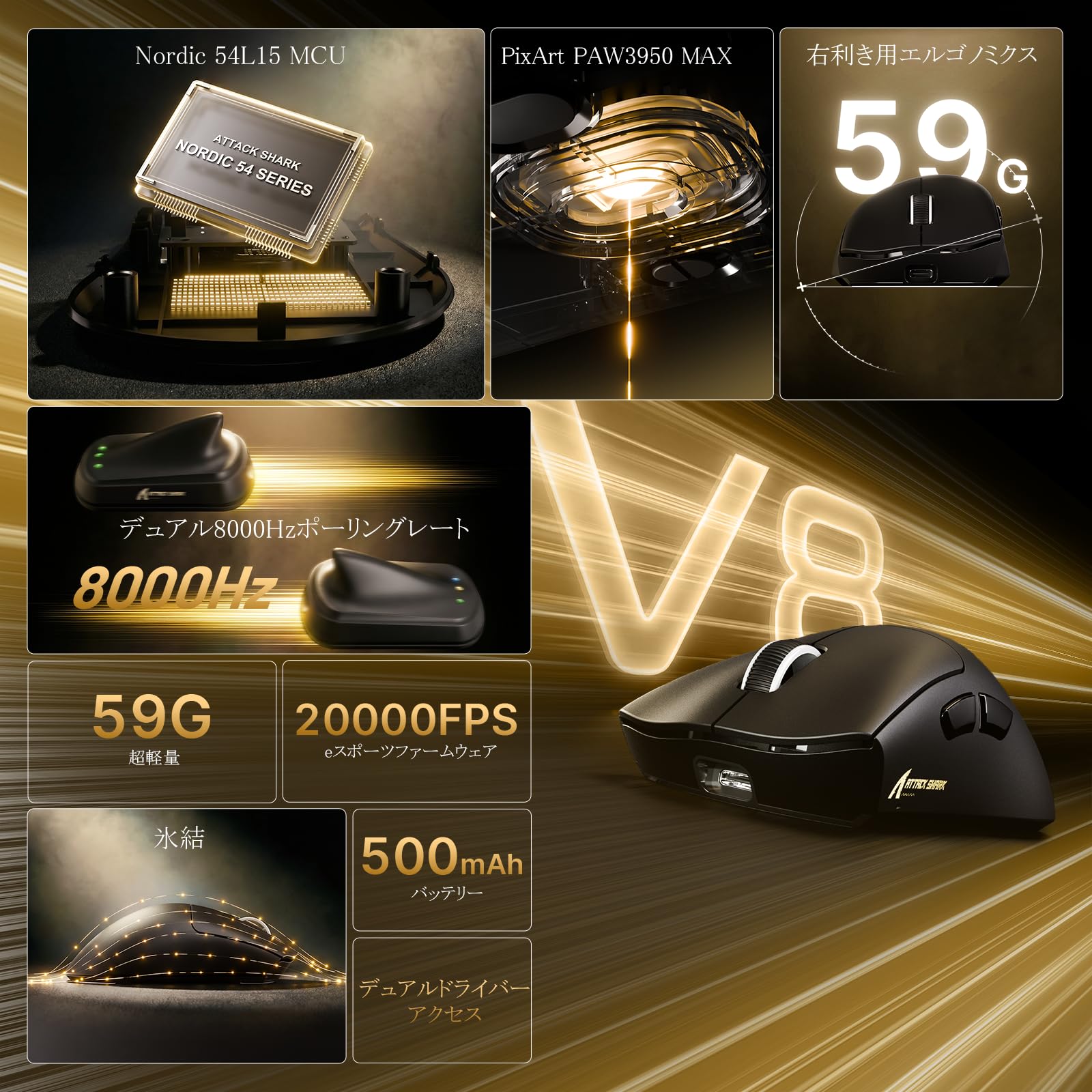 Amazon.co.jp: ATTACK SHARK V8 Gaming Mouse, Nordic 54L15 Chip