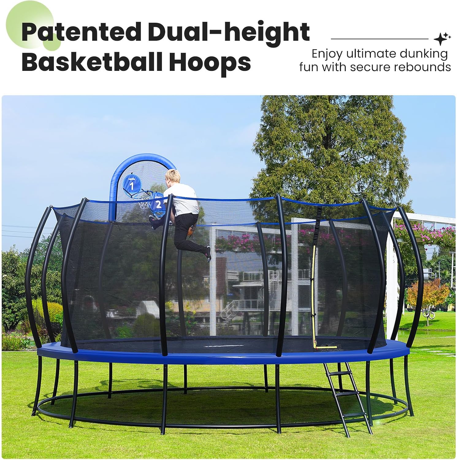 Zupapa 1800LBS Capacity Double Frame Trampoline 16 15 14 12FT No-Gap Safety Design Curved Poles & Basketball Hoop 10-Year Quality Assurance Perfect for Kids & Family Outdoor Fun