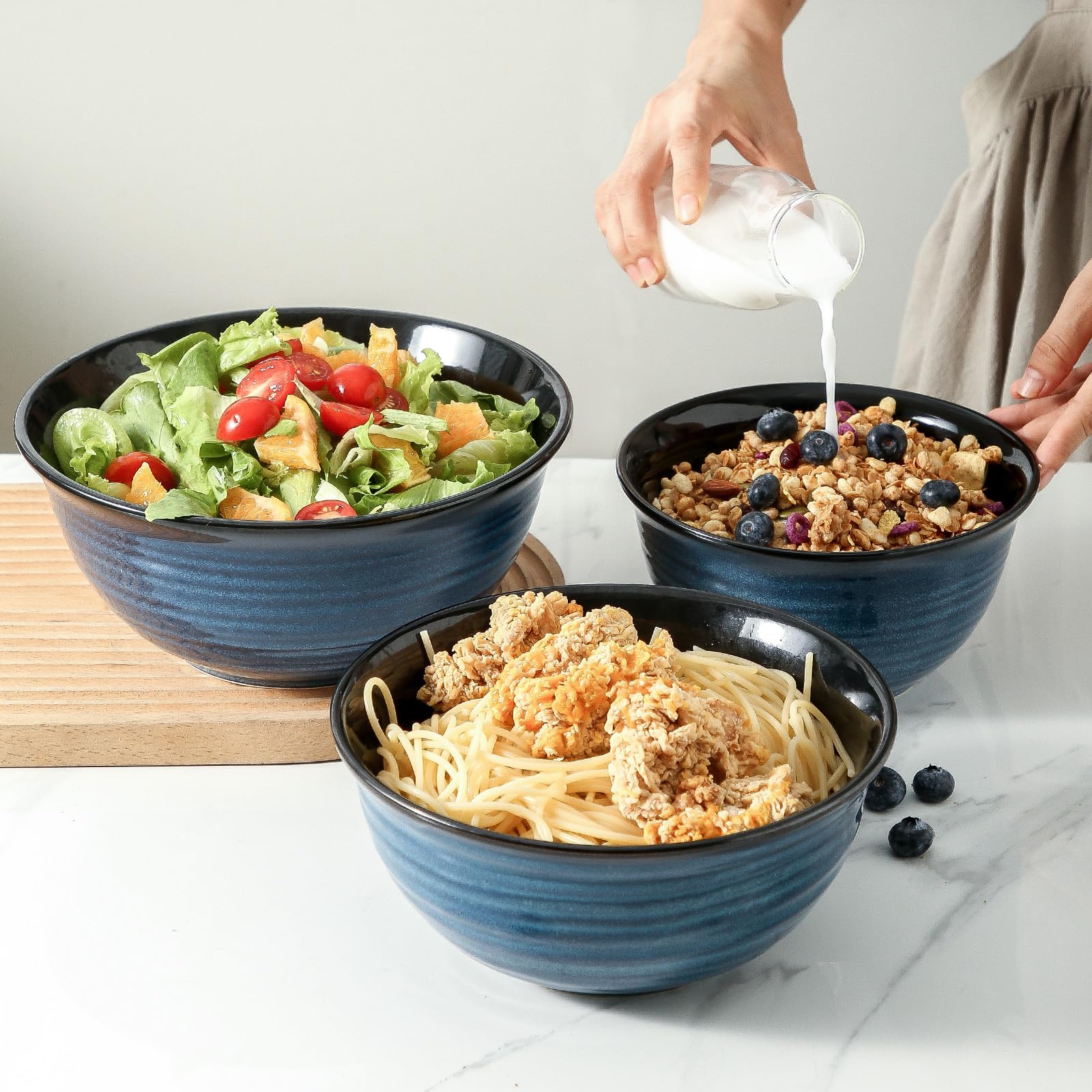 Hasense Cuencos para mezclar, juego de cuencos de cerámica para cocinar, hornear, preparar, cuencos grandes para ensaladas, frutas, palomitas de maíz, 2.1/1.5/1.0 cuartos de galón, aptos para