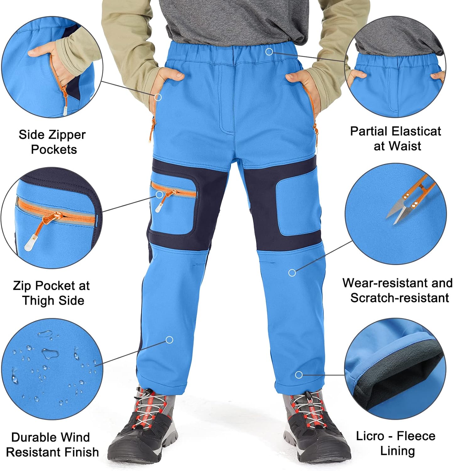 linlon Kids Boy's Snow Waterproof Pants Youth Fleece Lind Hiking Softshell Warm Insulated Trousers - Image 3