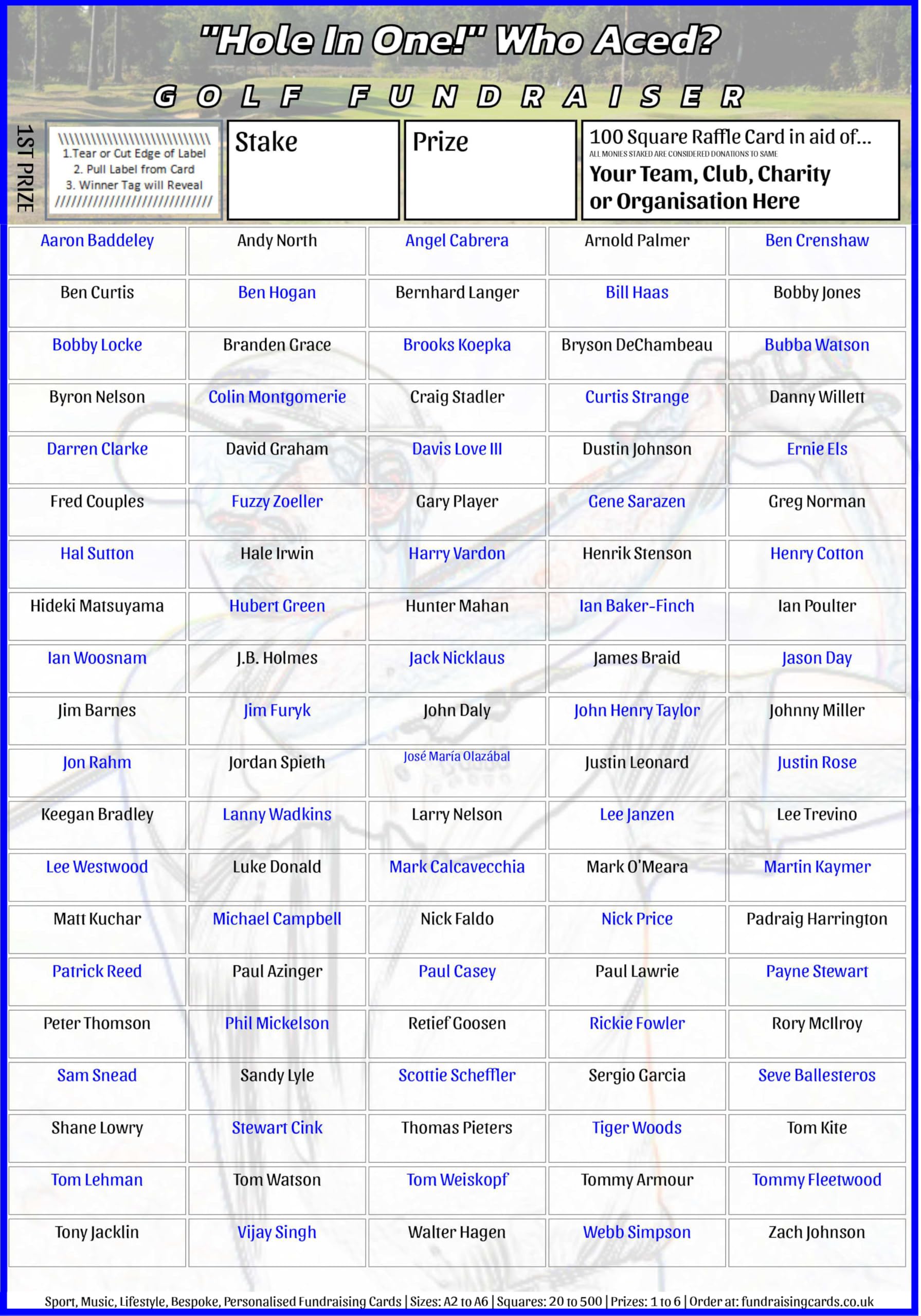 Golf Player Fundraising Scratch Card/Raffle/Draw Ticket `Hole In One`from 92p each A4 100 Square (12)