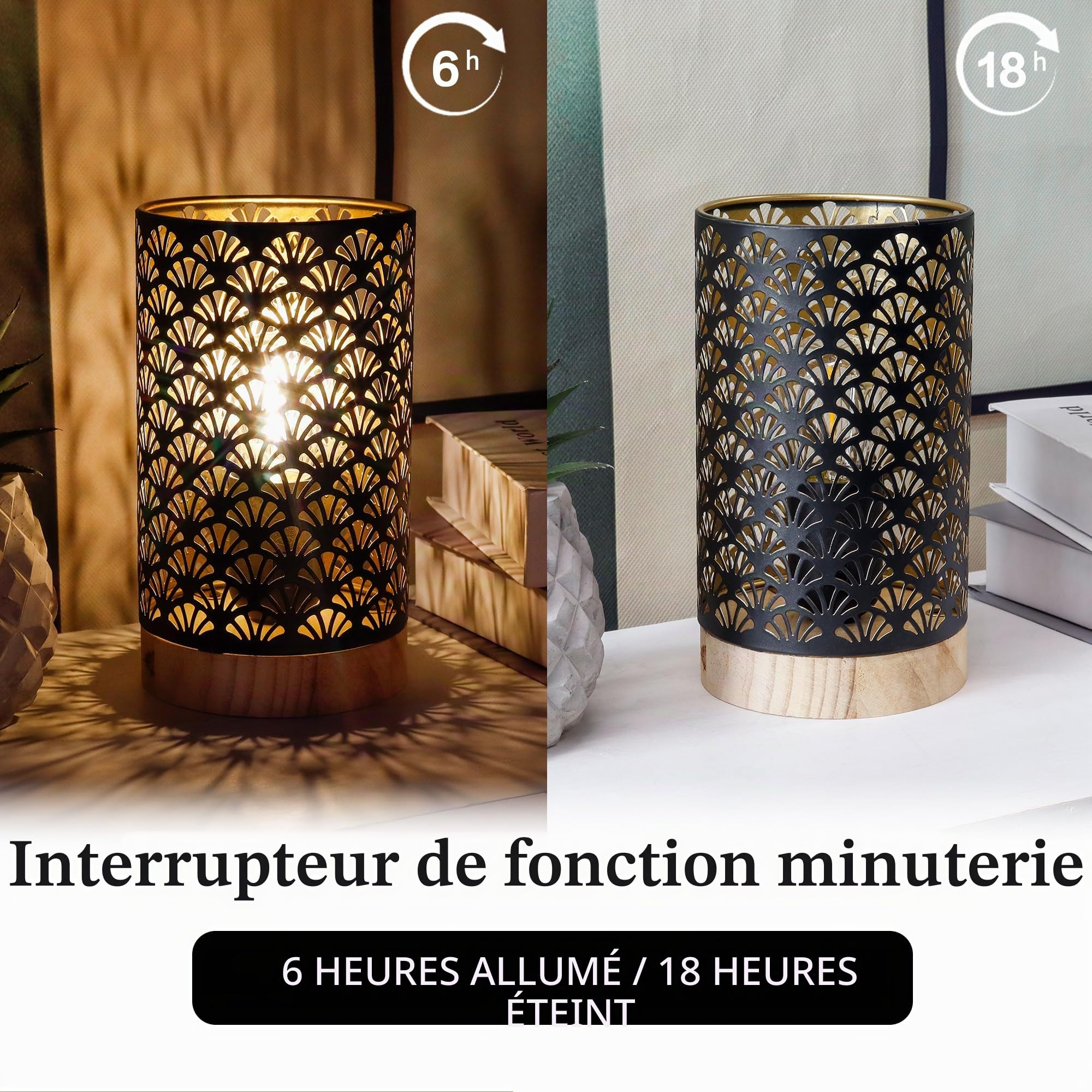 JHY DESIGN Lot de 2 lampes en métal fonctionnant avec piles - Hauteur - Avec minuterie de 6 heures - Pour mariage, fête, terrasse, jardin, intérieur, extérieur, table, balcon (base en bois)