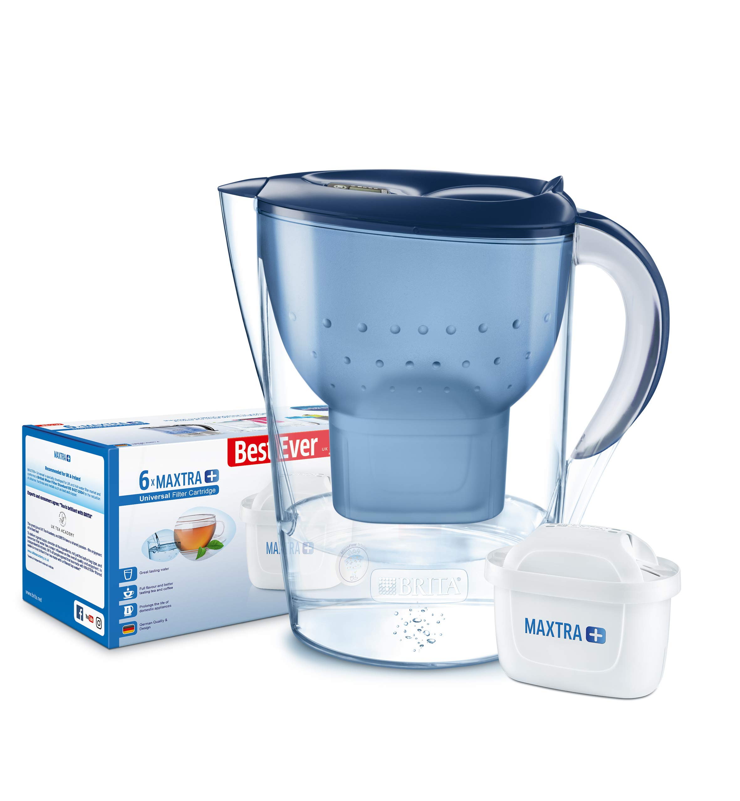 BRITA Marella XL Water Filter, Compatible MAXTRA+ Cartridges, Water Filter that Helps with the Reduction of Limescale and Chlorine, Blue MAXTRA 6 pack water filters