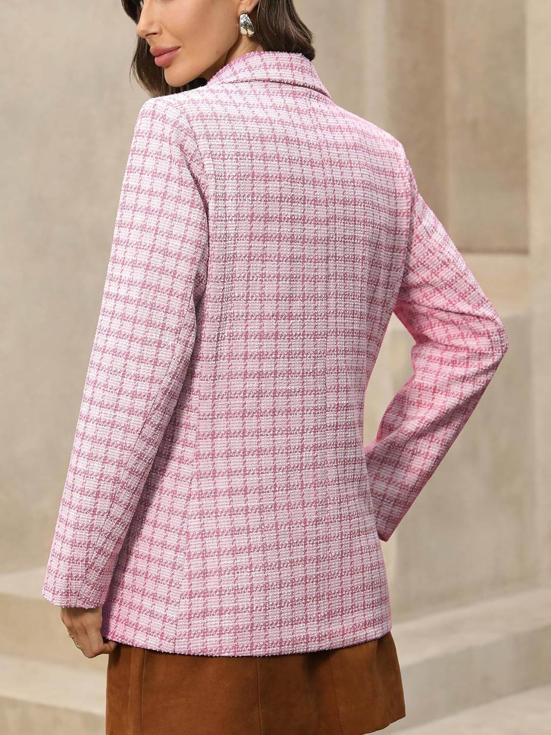 ELLEVEN Womens Oversized Plaid Tweed Blazers, Boyfriend Style Double Breasted Blazer Jacket Casual Outfits - Image 2