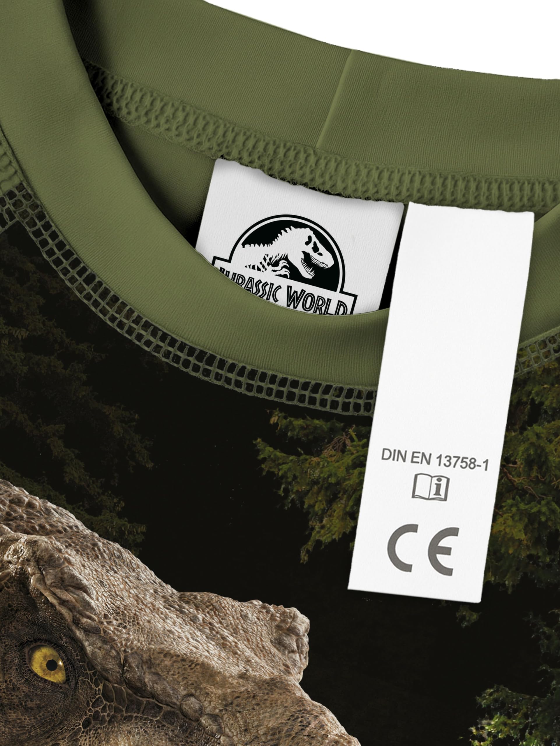 United Labels Jurassic World dwuczęściowy, ochrona przed promieniowaniem UV 30, dla chłopców, zielony, moda kąpielowa dla dzieci, z koszulką i kąpielówkami, strój kąpielowy