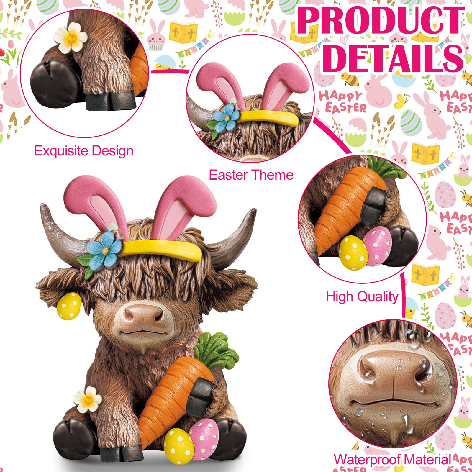 Karenhi 2 statuette di mucca delle Highland pasquali gnomi scozzesi in resina, statua di vitello, regali per Pasqua, casa, giardino, cucina, ufficio, vassoio a più livelli decorazione da tavolo