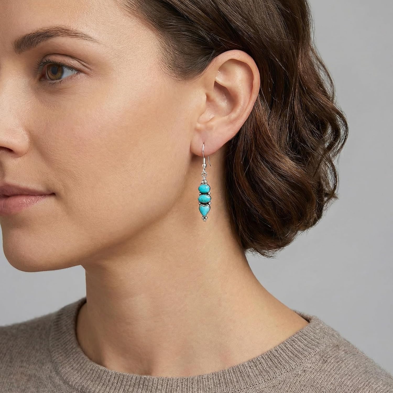 Turquoise Earrings 925 Sterling Silver & Genuine Gemstones (Select style) (3-Stone Drops)