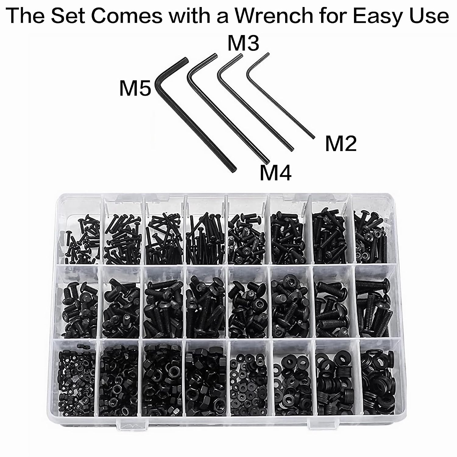 Bolts Nuts and Washer Assortment Kit, 1225pcs M2 M3 M4 M5 Metric Screw Set, Black Button Head Hex Socket Cap Screws, 12.9 Grade Carbon Steel, Assorted Bolts for Machine, Sheet Rock, Computer