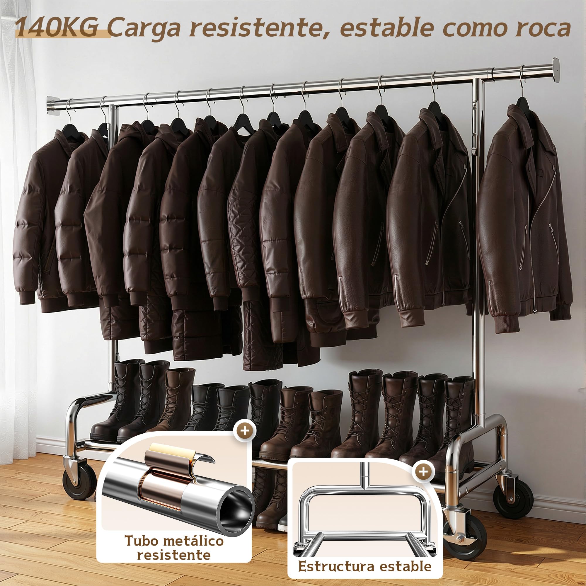 131–189cm Extensible Perchero Burro Ropa con Ruedas, Plata | 140kg Capacidad de Carga, 146-170cm Altura regulable,para Abrigos,Chaquetas de Invierno,Camisas, Dormitorio, Residencia