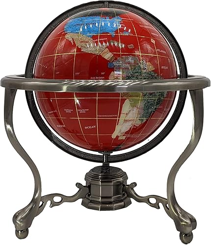 Miniatura 2 de Unique Art Since 1996 - Globo del mundo con piedra preciosa roja y trípode con soporte de aleación de zinc plateado (8.661 in9 pulgadasrojo océano)
