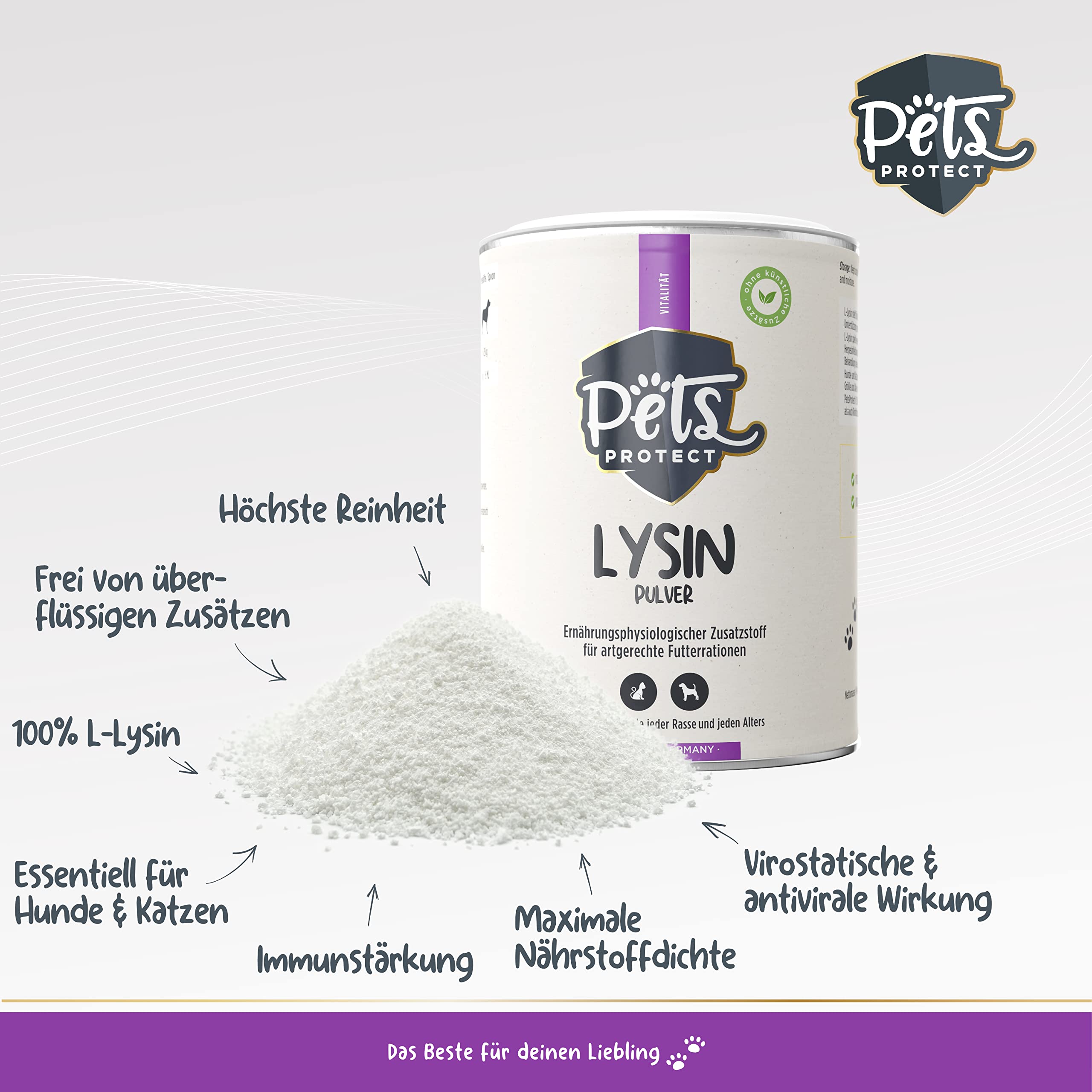 Pets PROTECT Lysine 100% Pur pour Chats & Chiens | Poudre 150 g | Fabriqué en Allemagne | pour Prévenir & Soutenir Le Système Immunitaire | Contre Le Coryza du Chat | sans Additifs Artificiels