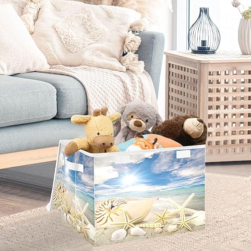 Miniatura 4 de DIGTIA Contenedores de almacenamiento de concha de mar con tapas grandes y plegables con asas, maravillosa caja de almacenamiento plegable de tela