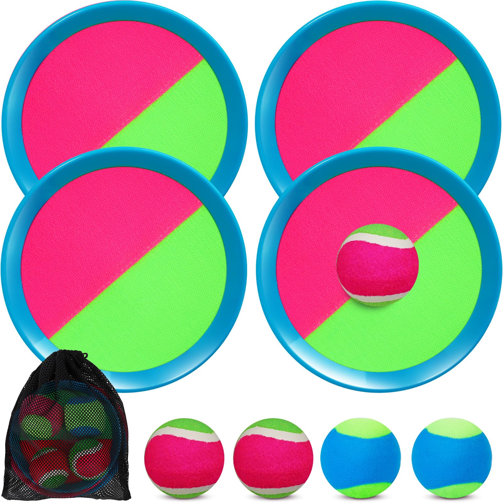 Jovicos Klettballspiel, Gartenspielzeug Outdoor Spiele für Kinder, Klettballspiel für Kinder ab 3 4 5, Outdoor Spielzeug Sommer Spielzeug Draußen, Fangballspiel mit 4 Fangscheiben 4 Bälle